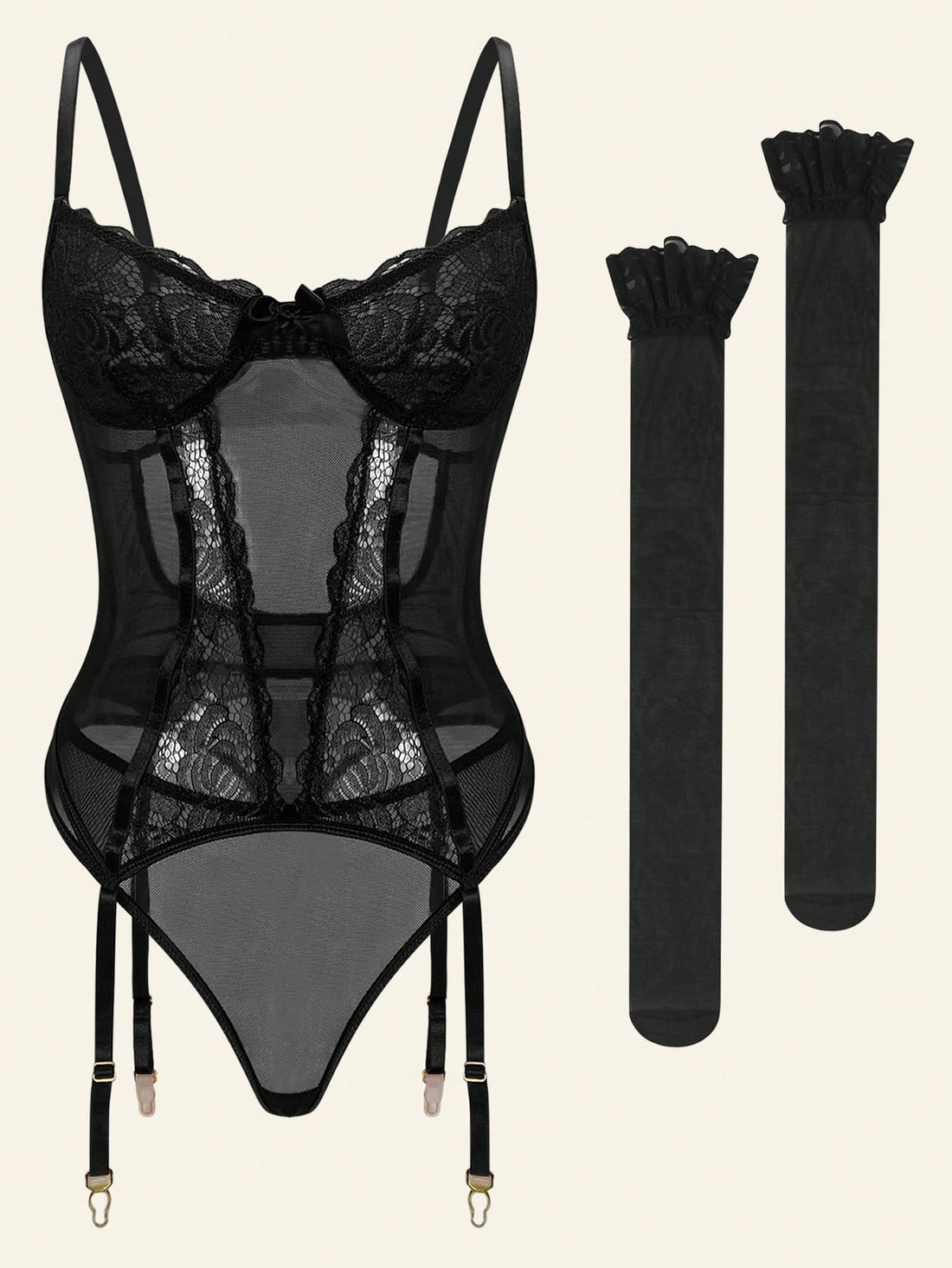 Mesh Fabric Jumpsuit Style Set with Cut Detail Back Design Coordinated Outfit Set