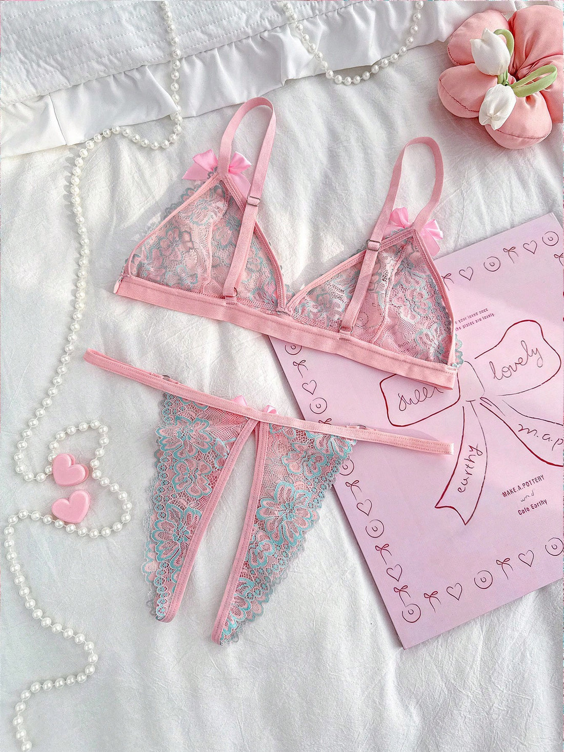 Sheer Pink Knit Lingerie Set