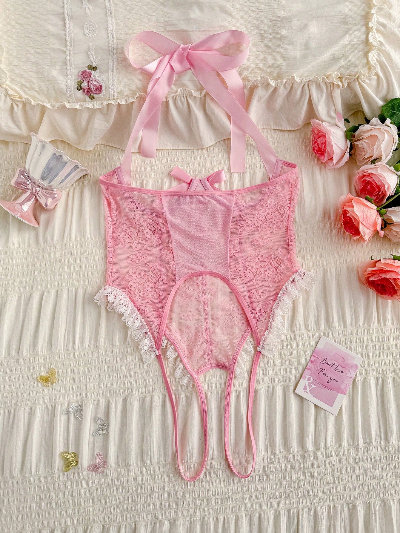 Pink Halter Neck Textured Fabric Jumpsuit with Bow Detail Lightweight Outfit