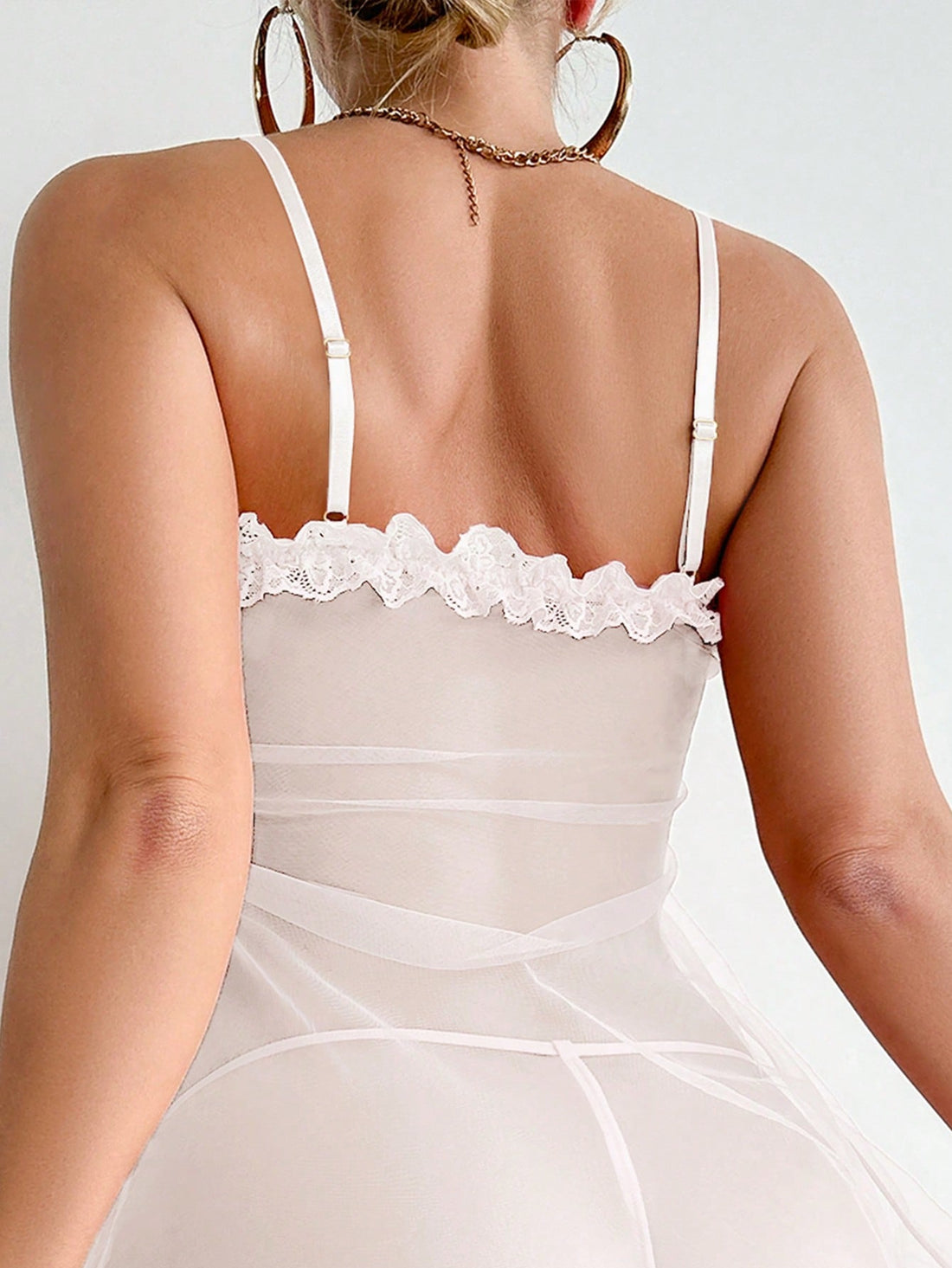Lace and Chiffon Nightgown Dress with Bow Detail and Ruffle Hem