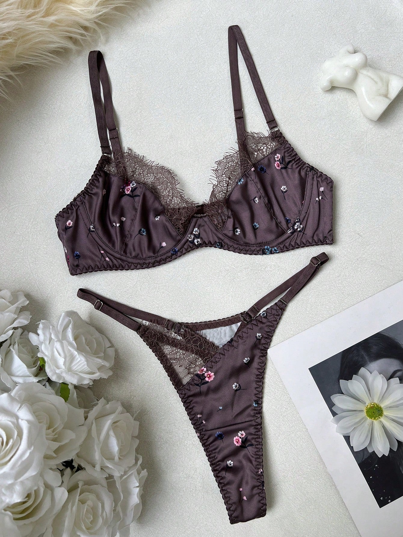 2-Piece Satin Style Printed Mesh Fabric Set with Patchwork Design Lightweight Coordinated Set