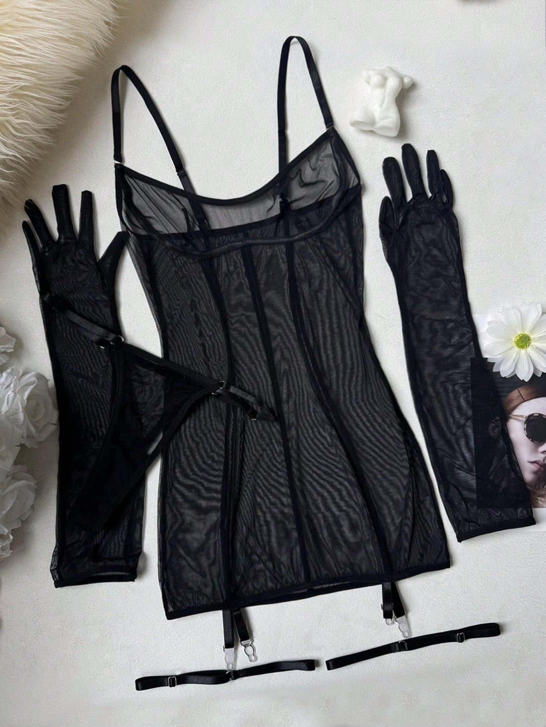 Women Mesh Fabric Matching Set with Belt Accessory and Gloves Coordinated Outfit Set