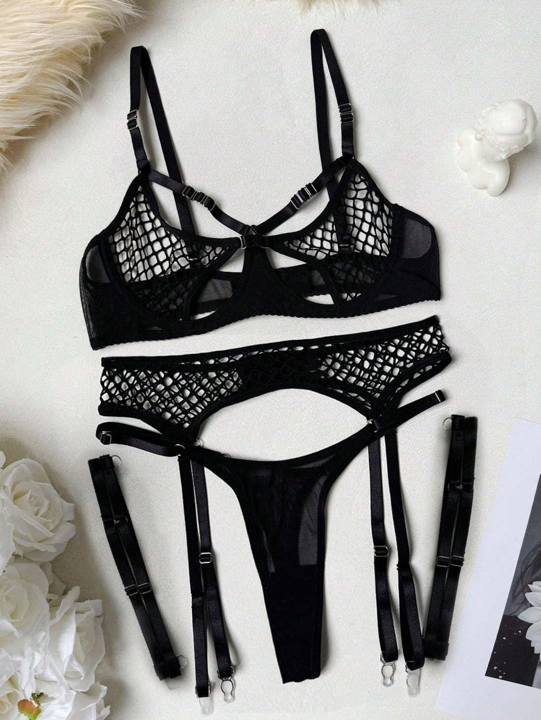 3-Piece Mesh Fabric Set with Structured Top Matching Bottom and Belt Accessory Coordinated Outfit Set