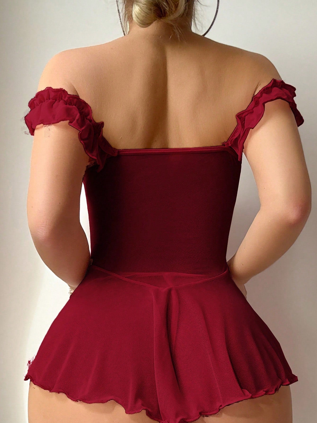 Burgundy Mesh Slip Dress with Off-Shoulder Ruffle Design for Casual Wear