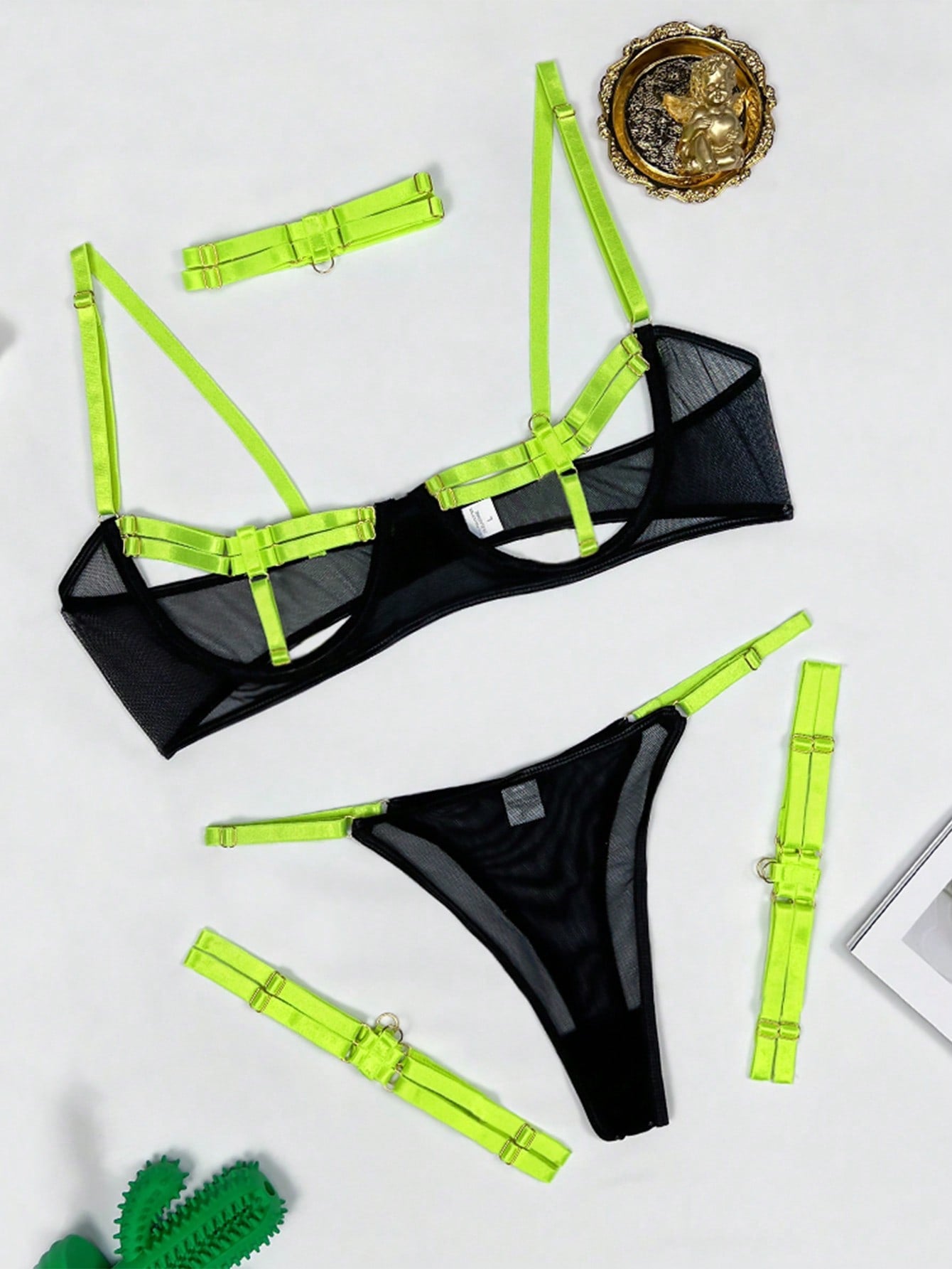 Women 4-Piece Structured Fabric Set with Neck Accessory and Leg Straps Coordinated Outfit Set