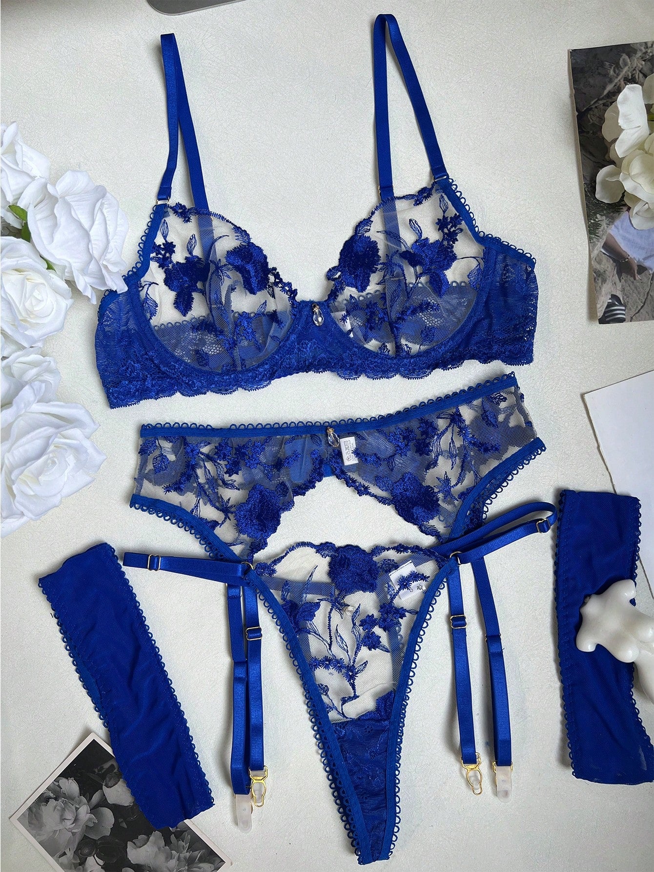 Navy Blue Mesh Fabric Set with Floral Embroidery and Ruffle Edge Design Coordinated Outfit Set