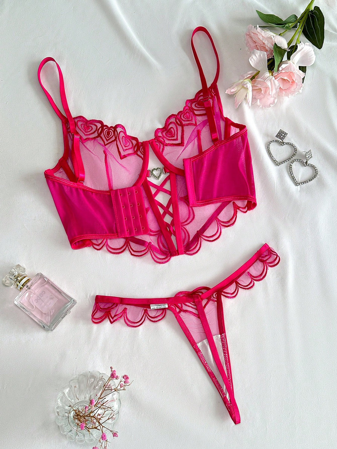 Embroidered Mesh Fabric Top and Bottom Set with Strap Detail Coordinated Outfit Set