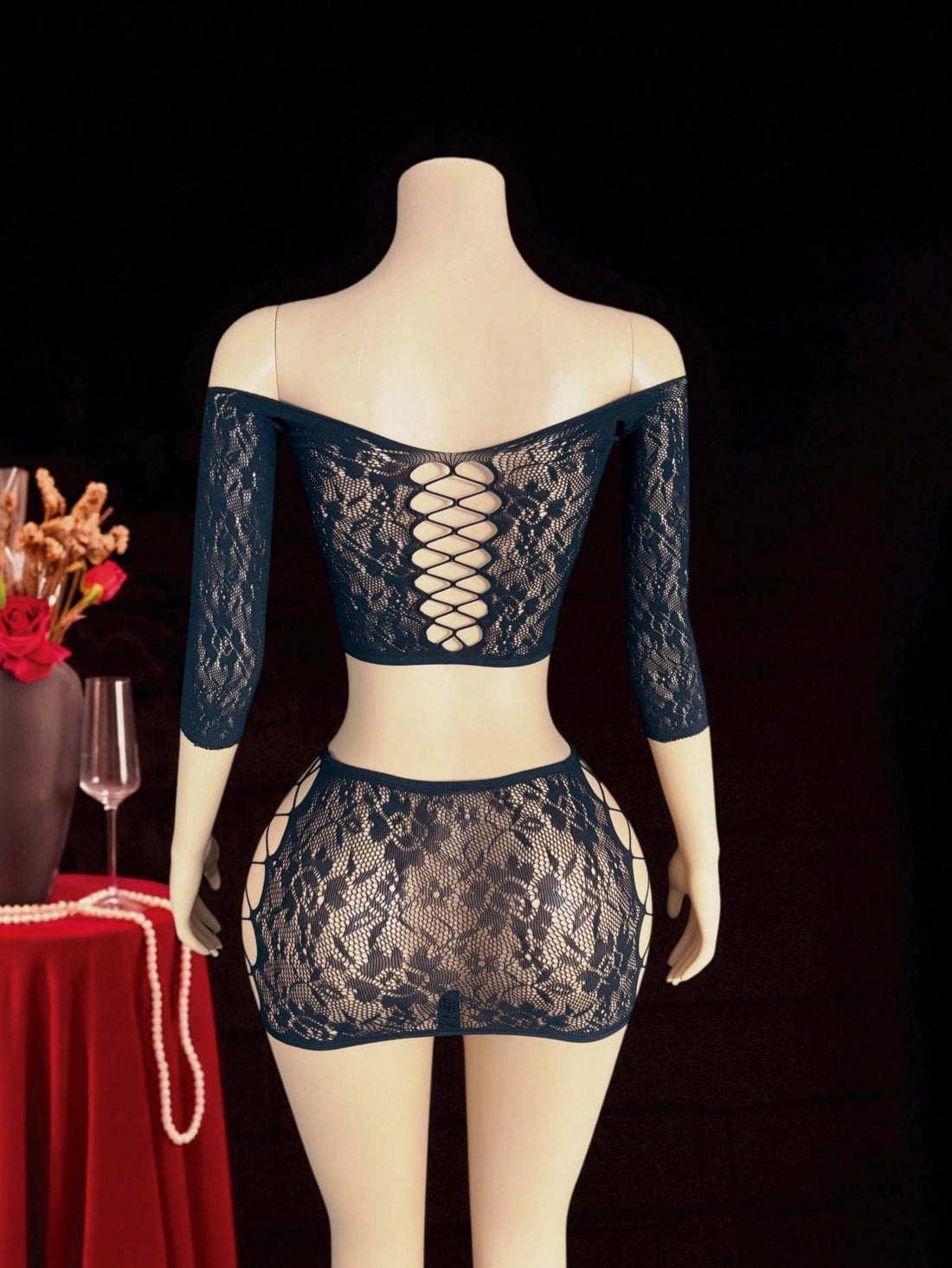 Mesh Fabric 2-Piece Bodysuit Style Set Coordinated Outfit Set