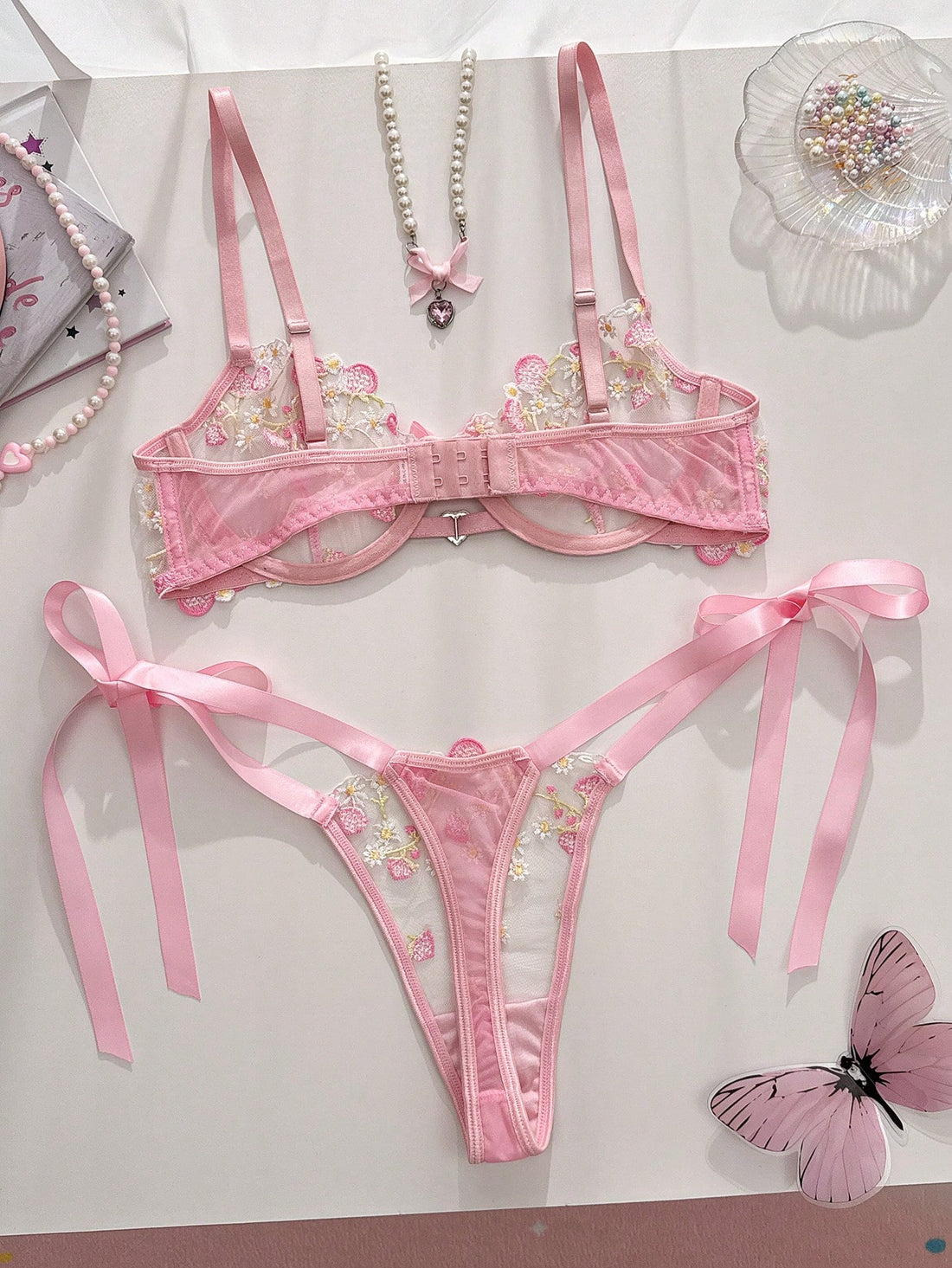 Pink Mesh Fabric Embroidered Set with Heart Detail and Bow Accent Coordinated Outfit Set