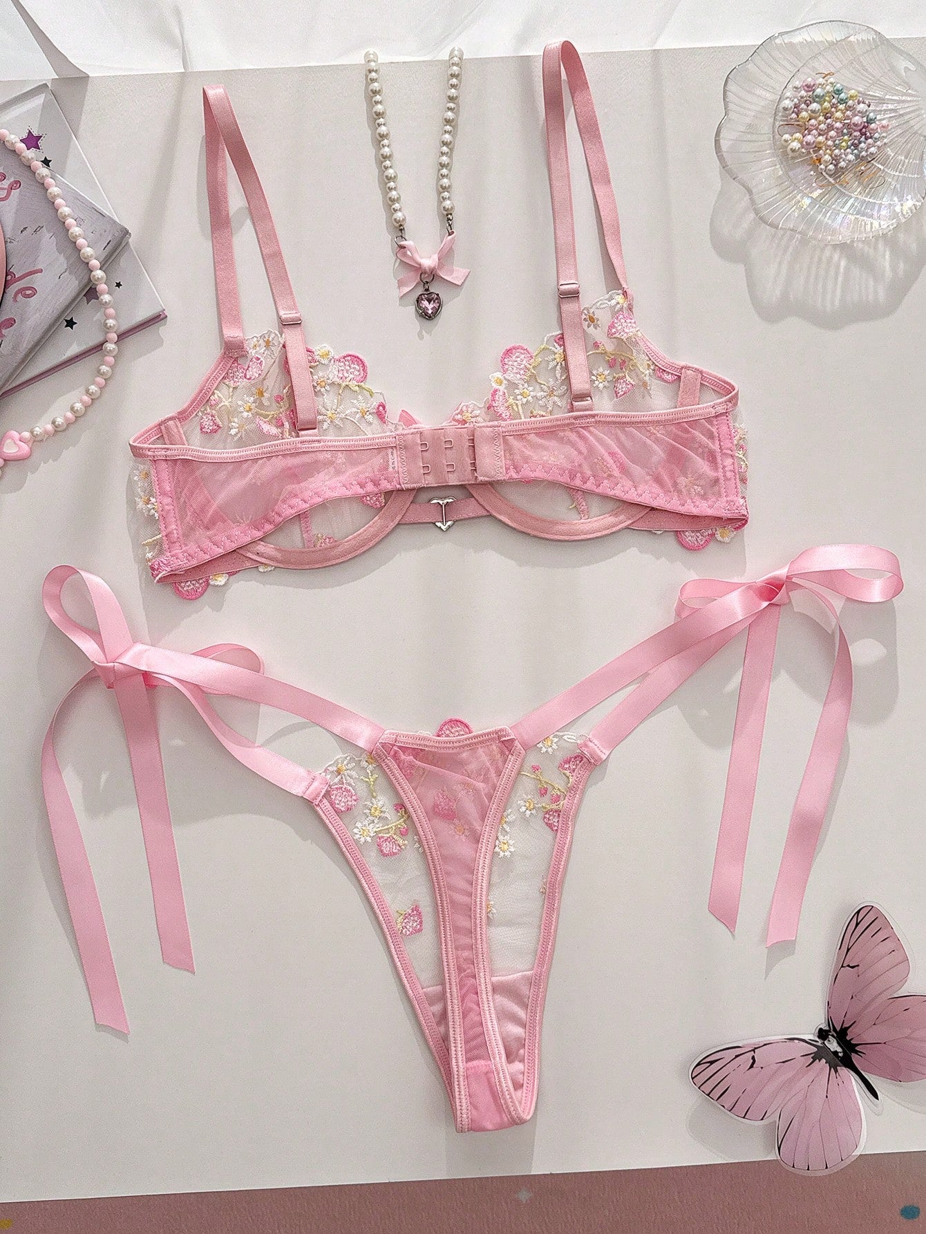 Pink Mesh Fabric Embroidered Set with Heart Detail and Bow Accent Coordinated Outfit Set