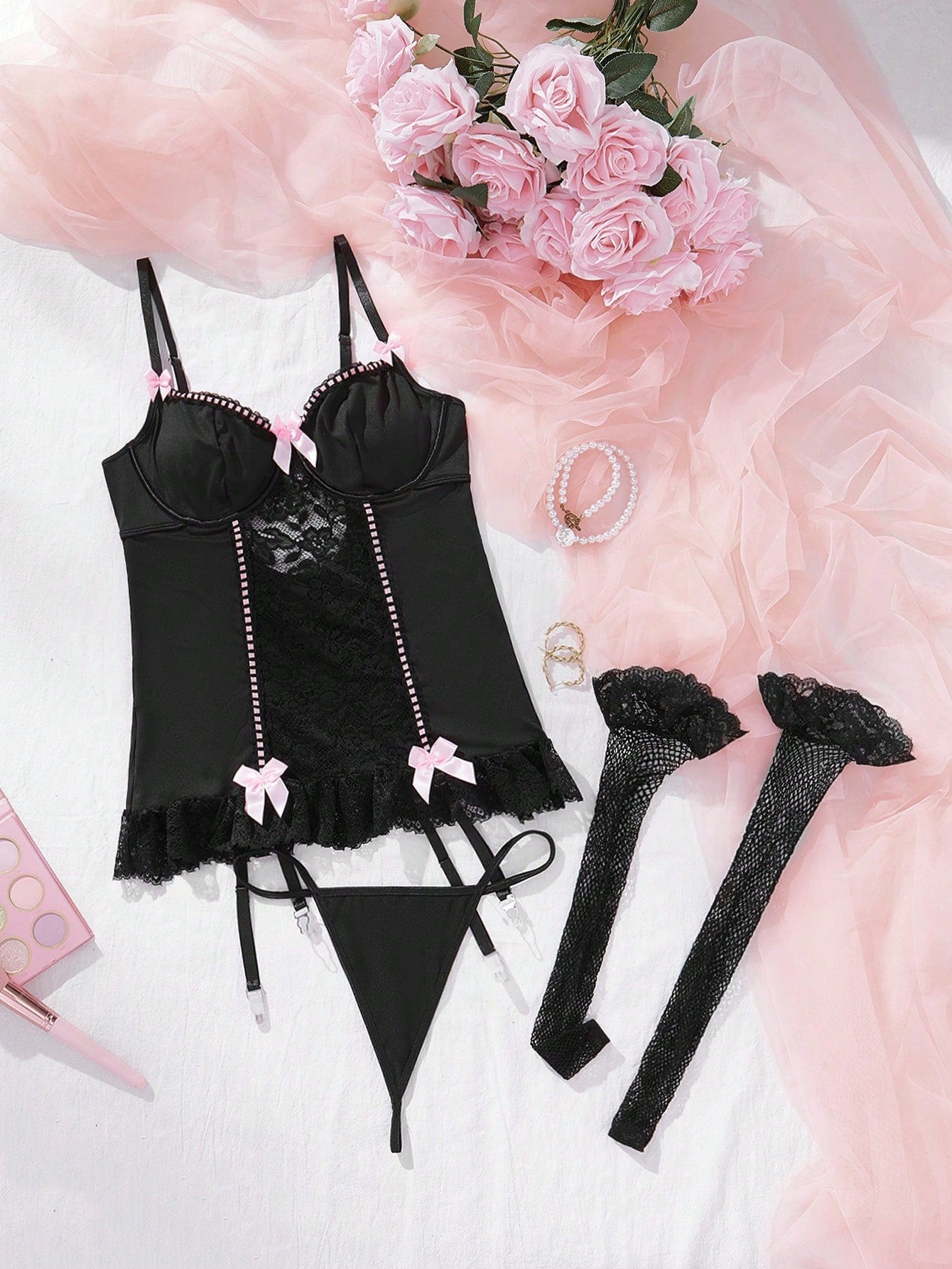 Floral Lace Bustier Corset Set with Underwire, Garter and Stockings