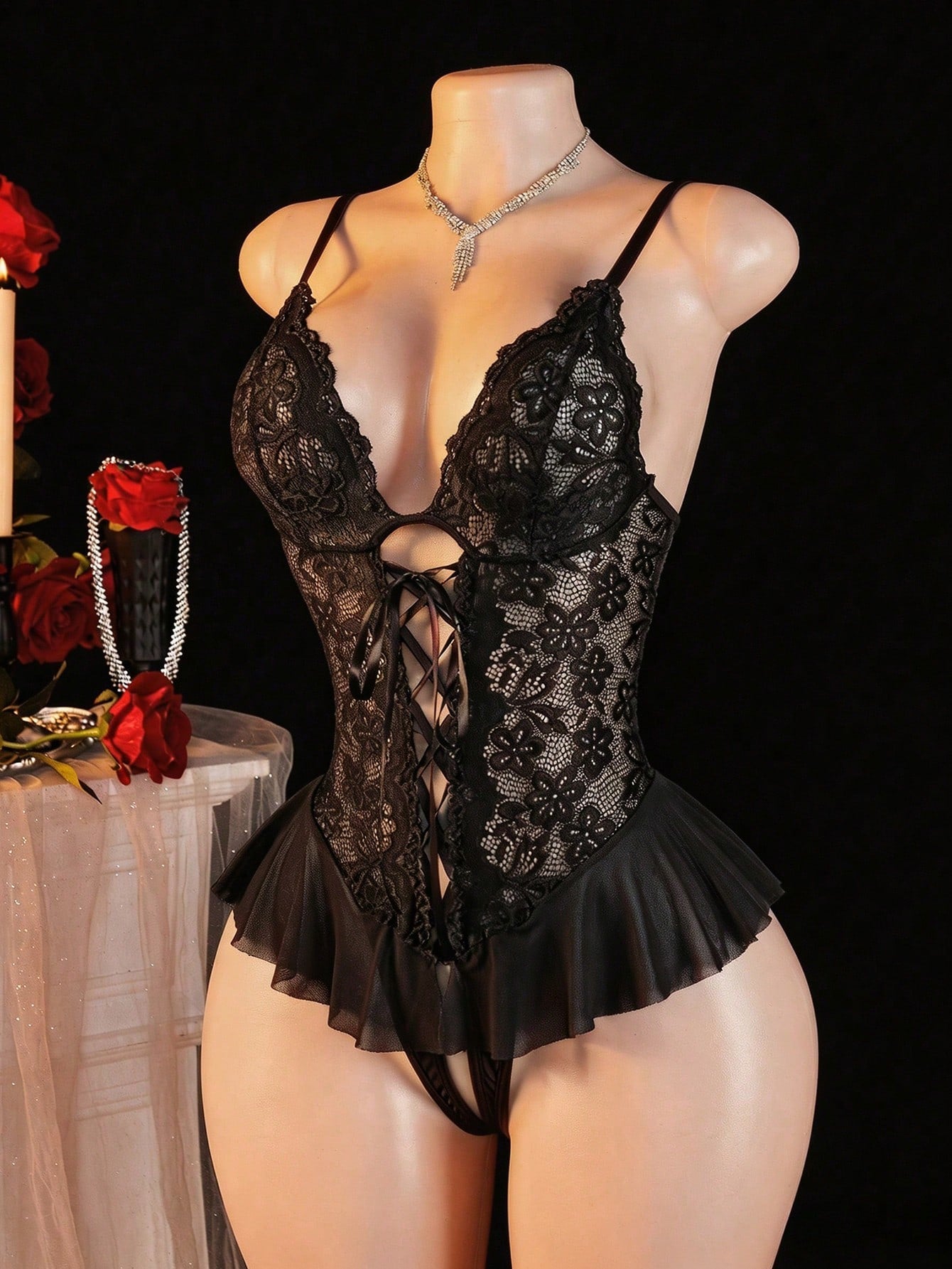 Lace Halter Bodysuit with Ruffle Detail