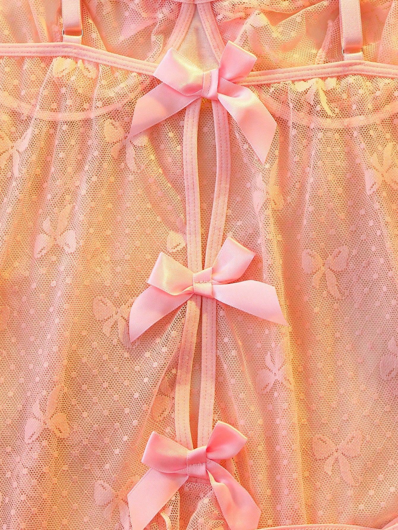 2-Piece Lace Lingerie Set with Bow Detail, Ruffle Hem and Mesh Fabric