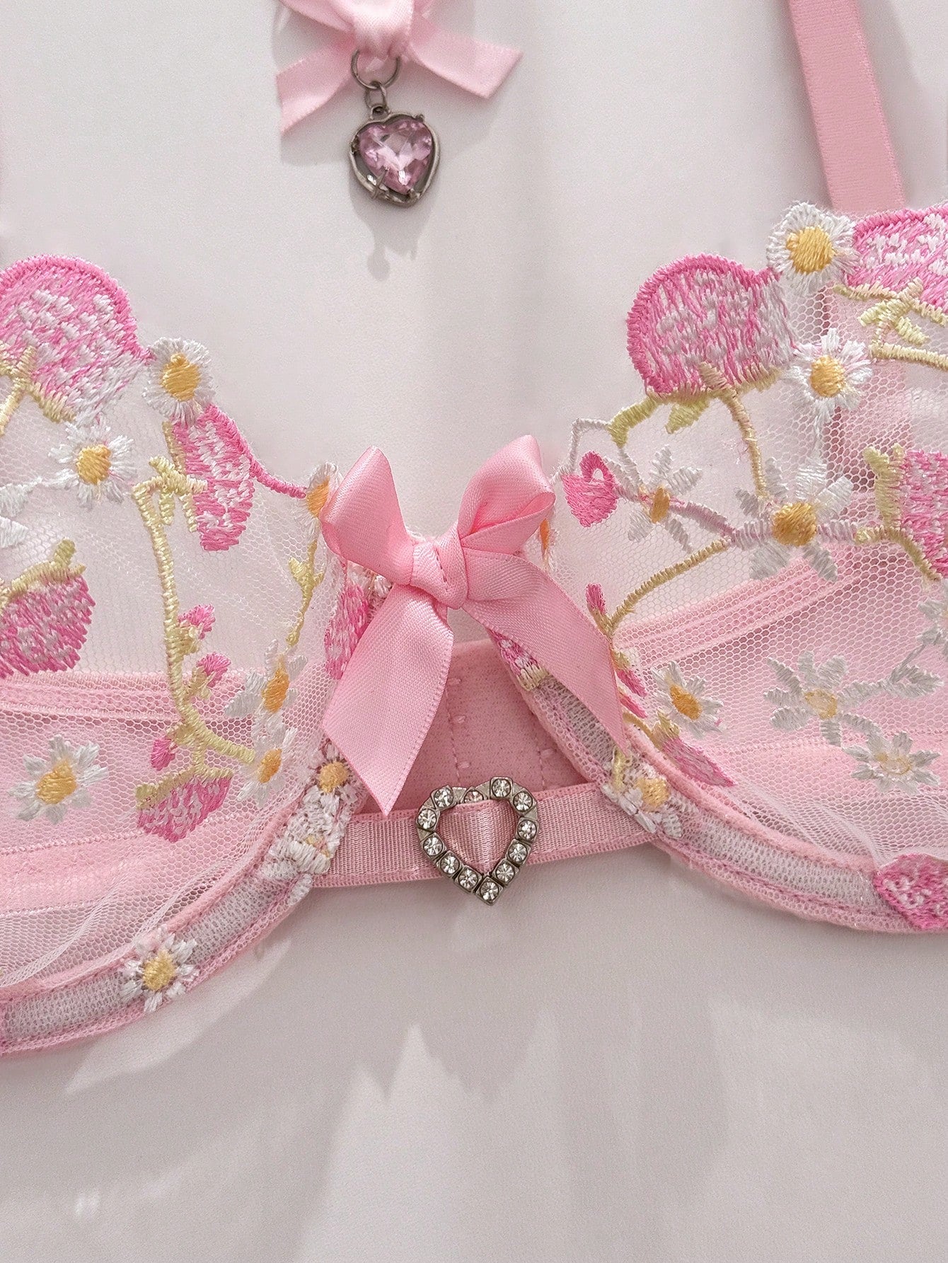 Pink Mesh Fabric Embroidered Set with Heart Detail and Bow Accent Coordinated Outfit Set