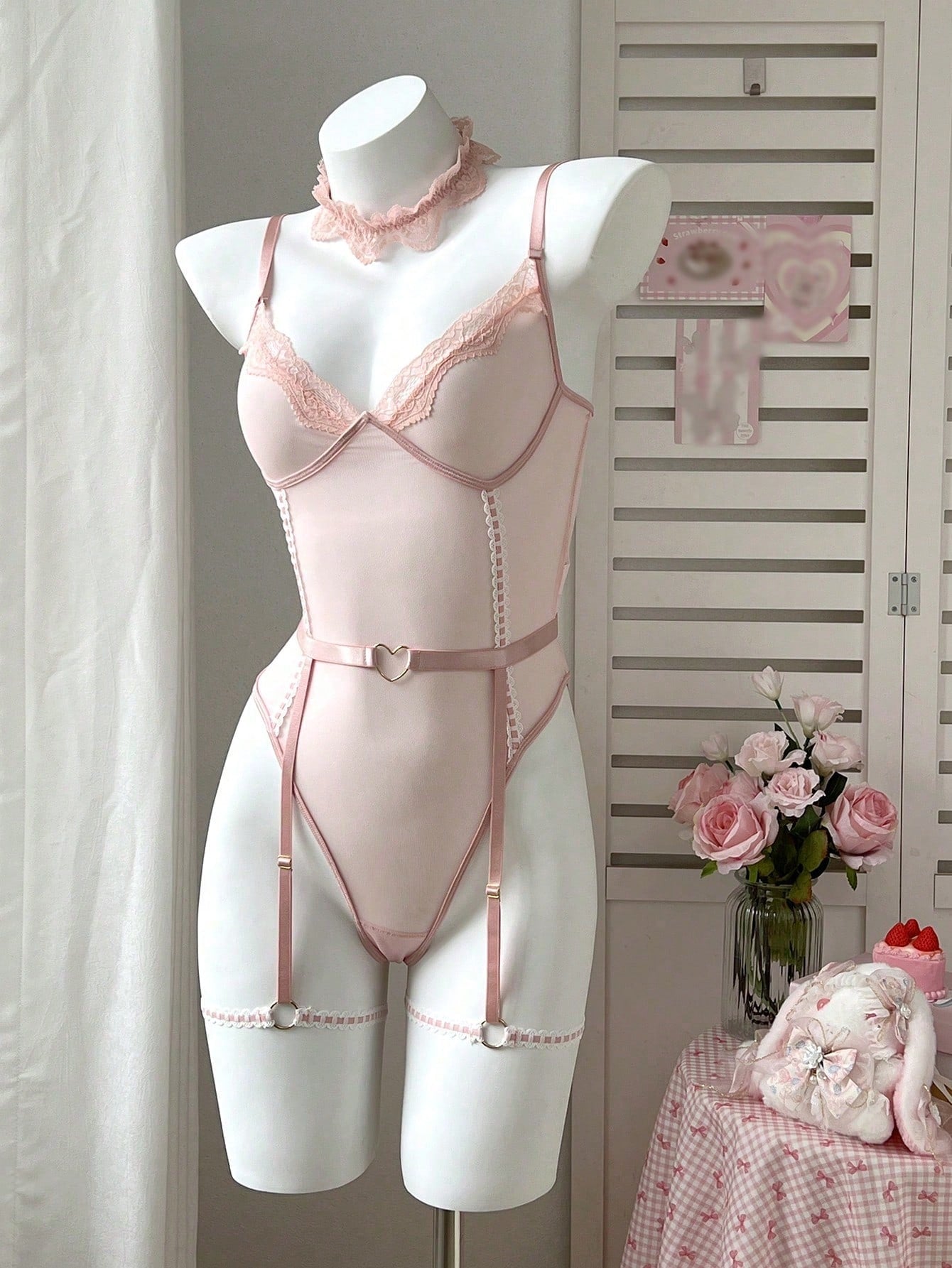 3-Piece Mesh Lingerie Set with Collar and Garter Detail