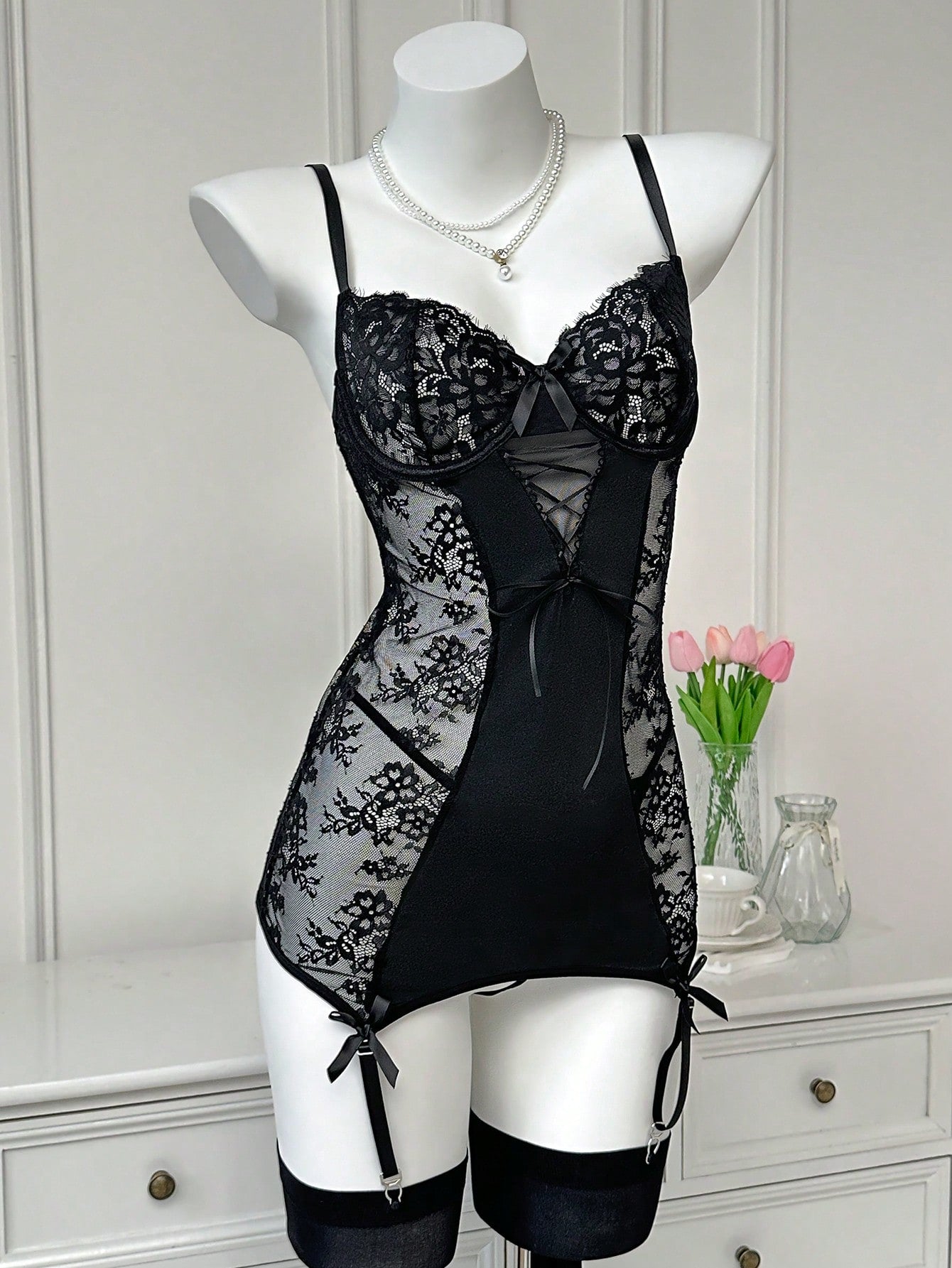 4-Piece Lace Nightwear Set with Bow Detail