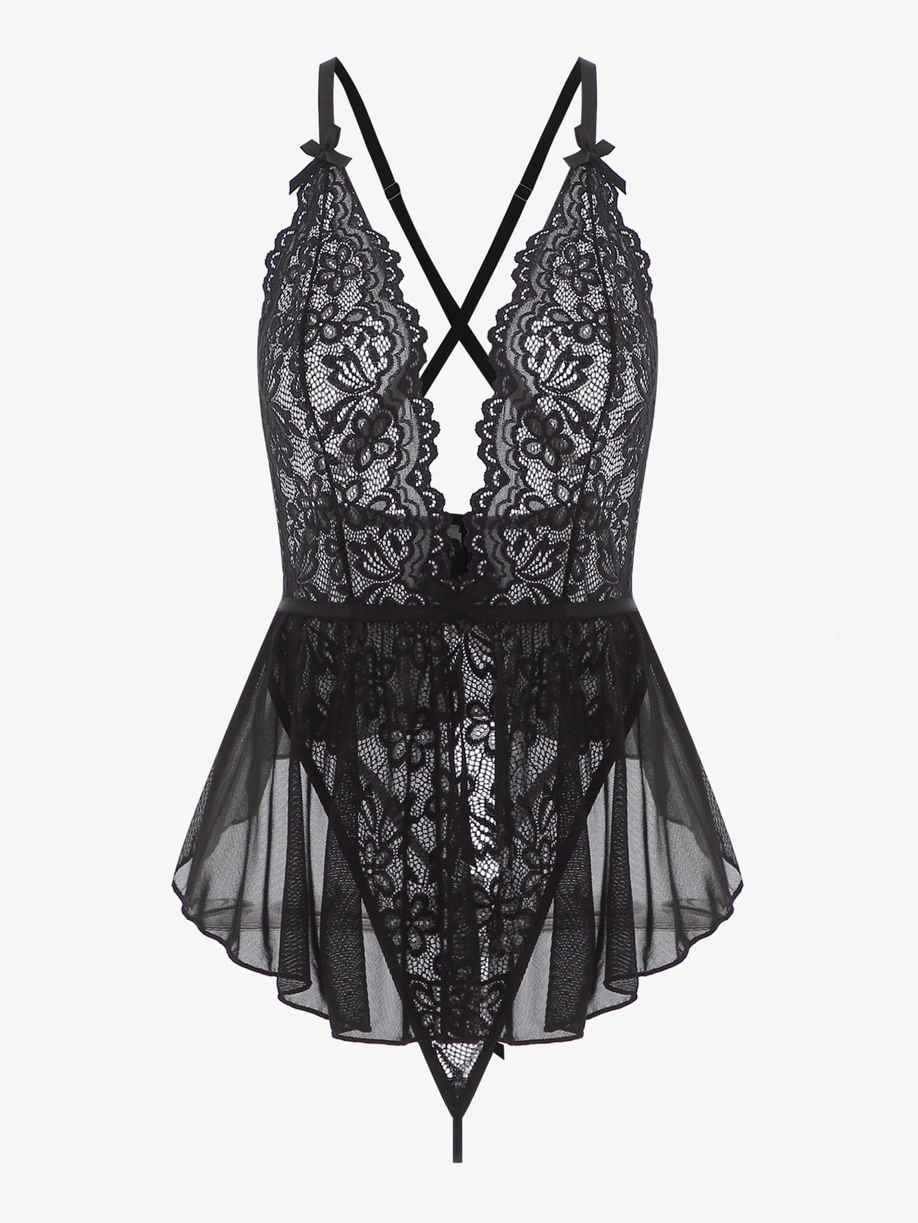 Crisscross Back Slip Dress with Lace and Mesh Detail