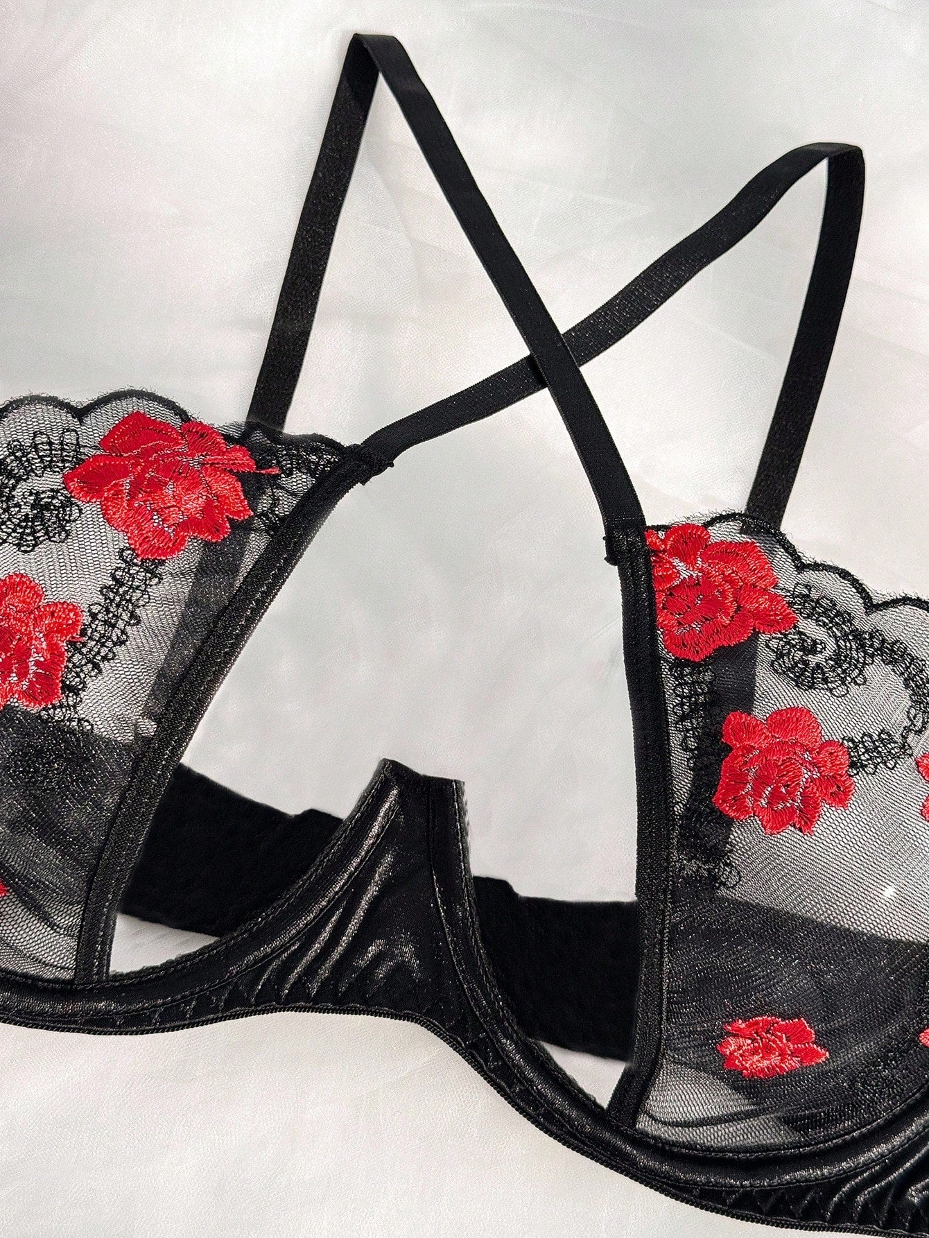 Embroidered Mesh Garter Lingerie Set with Stockings