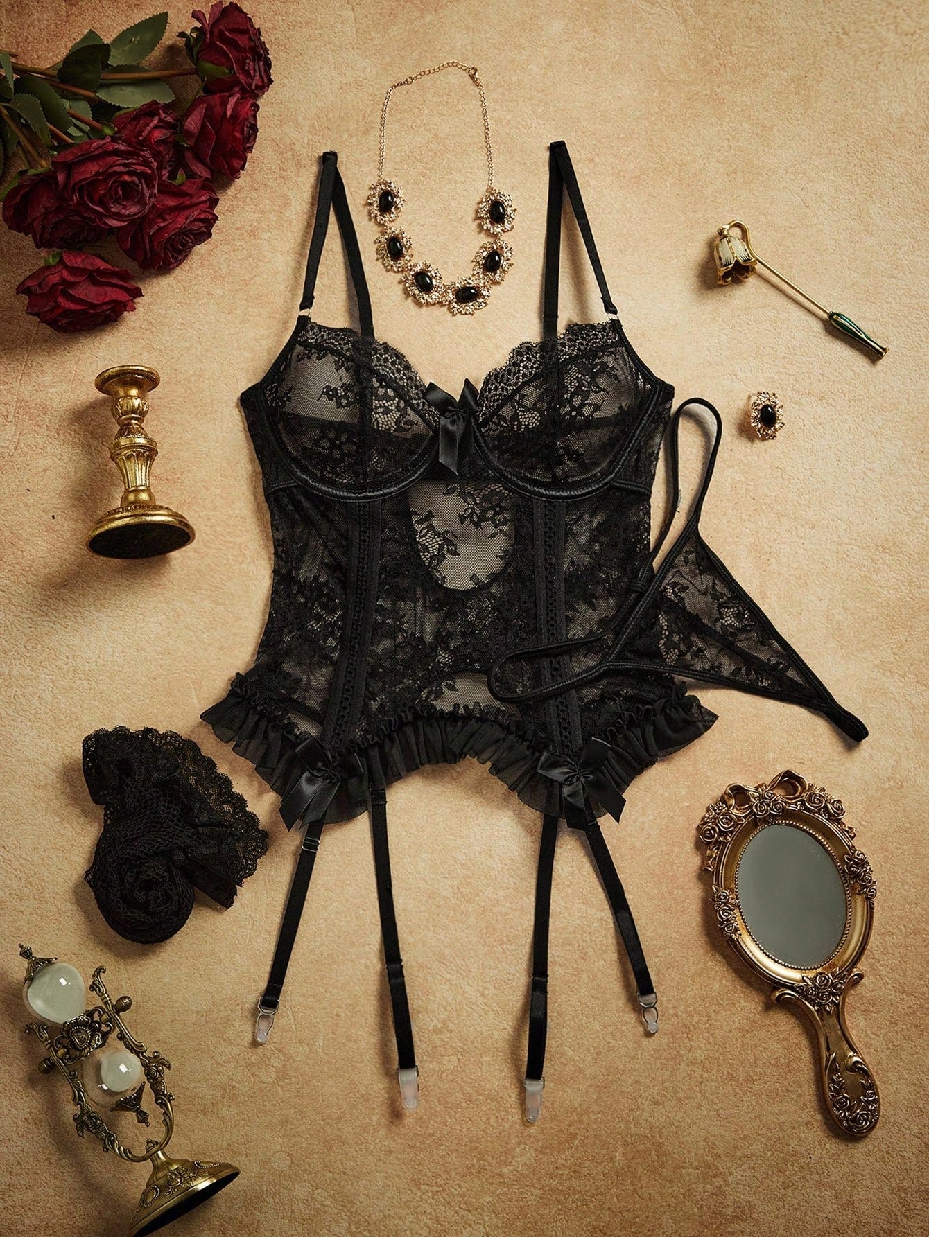 Floral Lace Underwire Garter Lingerie Set with Stockings