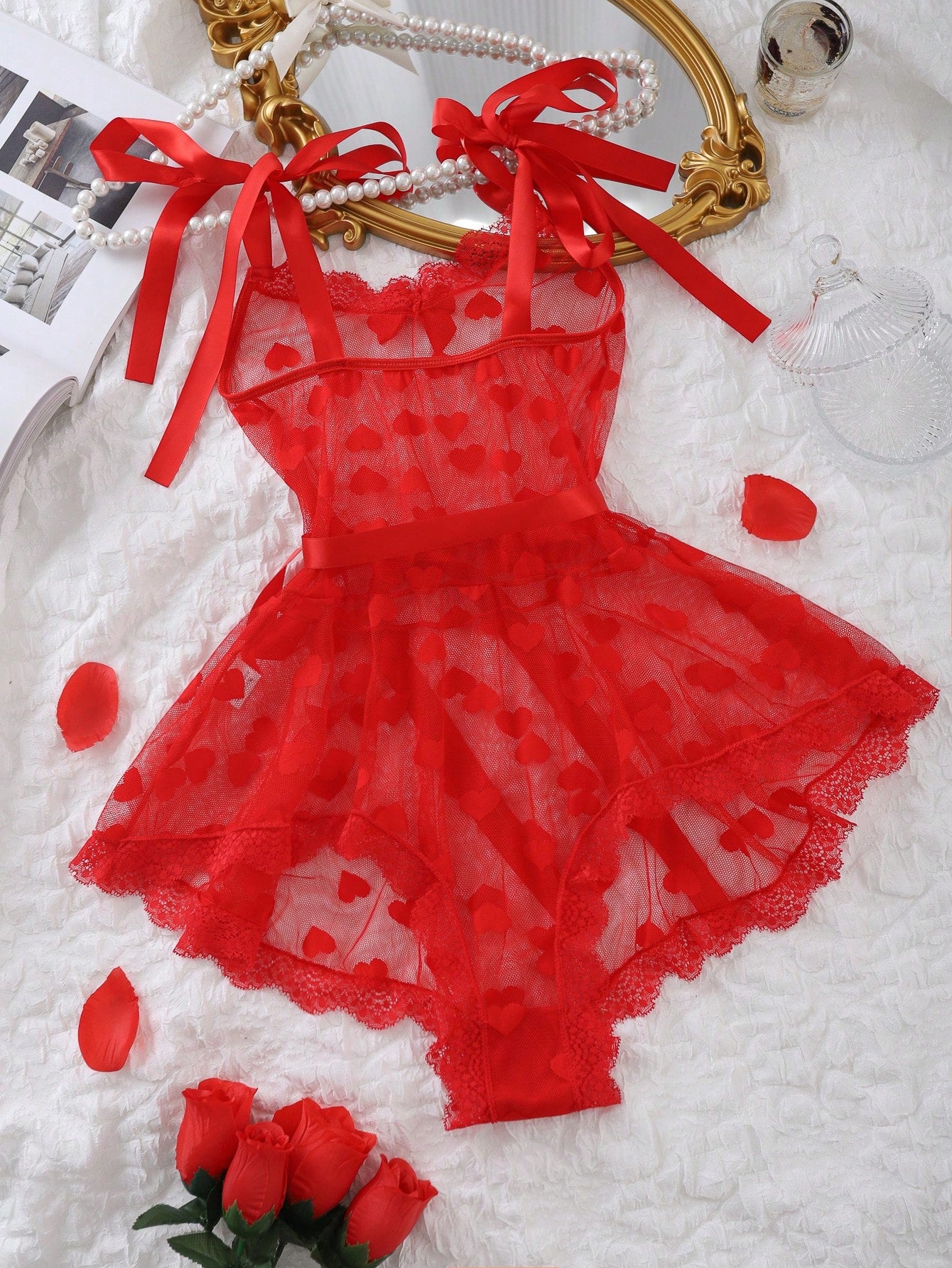 Women 2-Piece Mesh Fabric One-Piece Outfit and Belt Accessory Coordinated Set