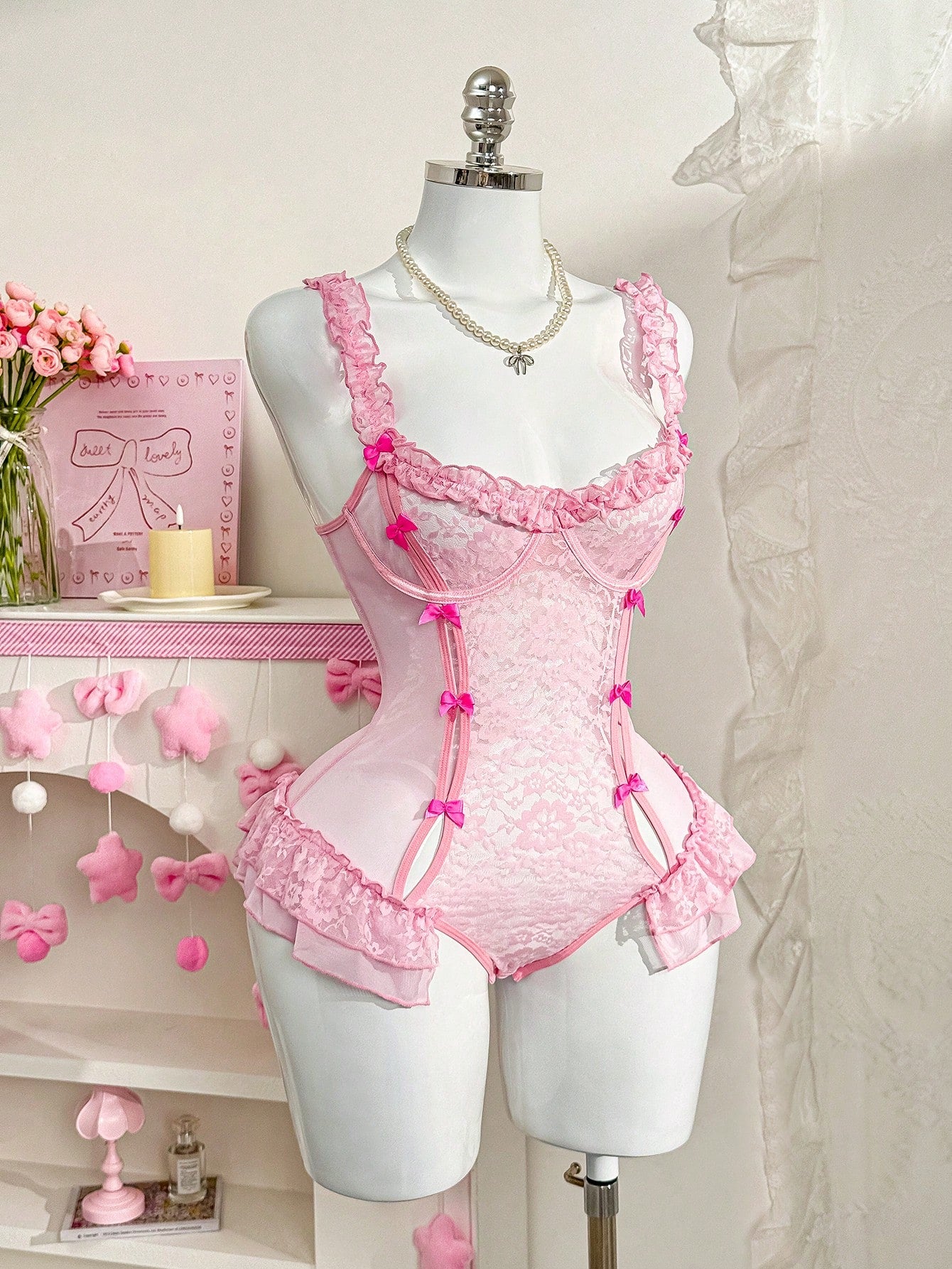 Lace Lingerie Jumpsuit with Bow Detail