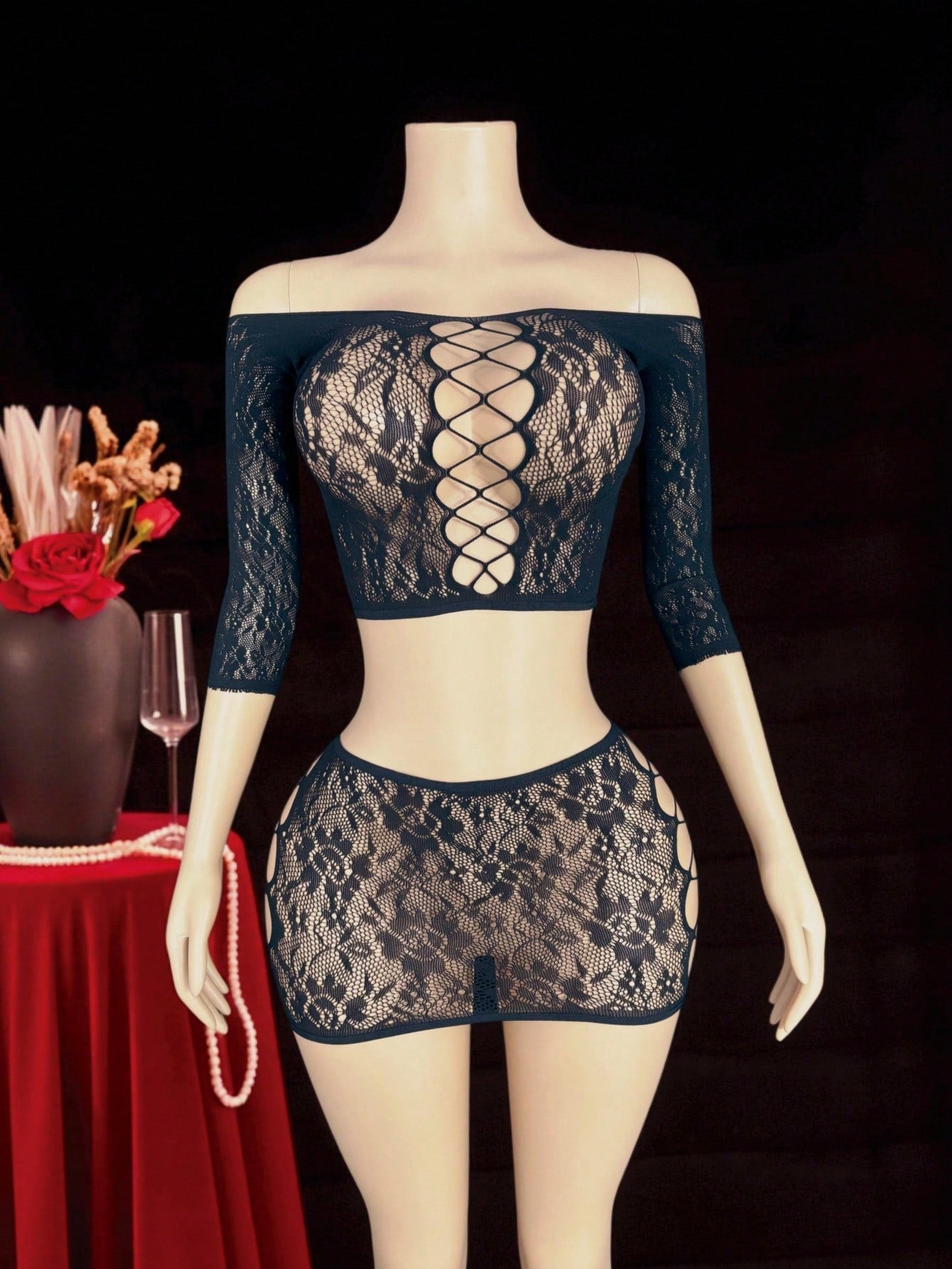 Mesh Fabric 2-Piece Bodysuit Style Set Coordinated Outfit Set