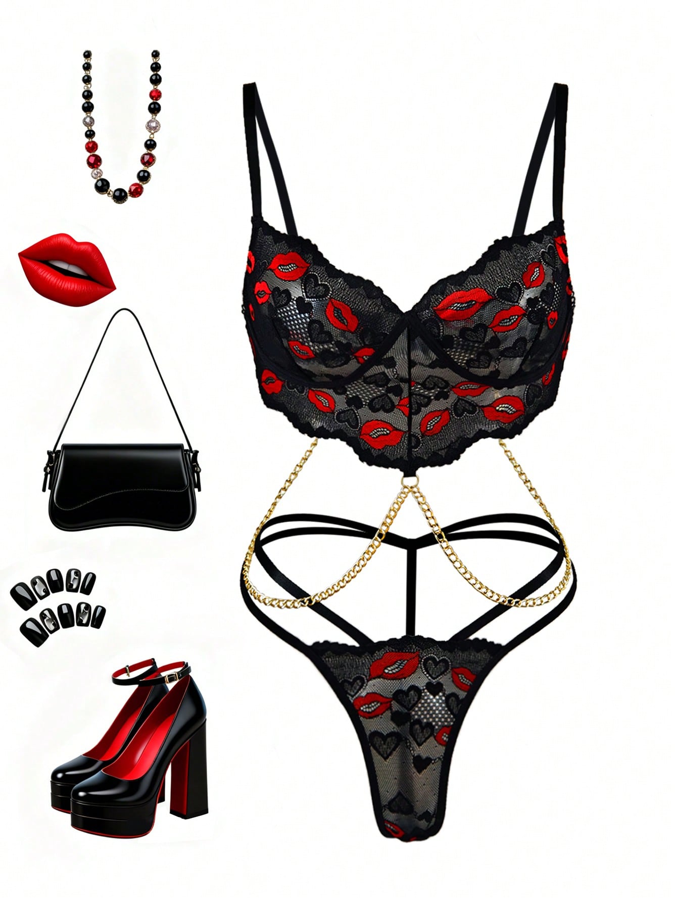 2-Piece Lace Lingerie Set with Lip Pattern, Chain Detail and Briefs