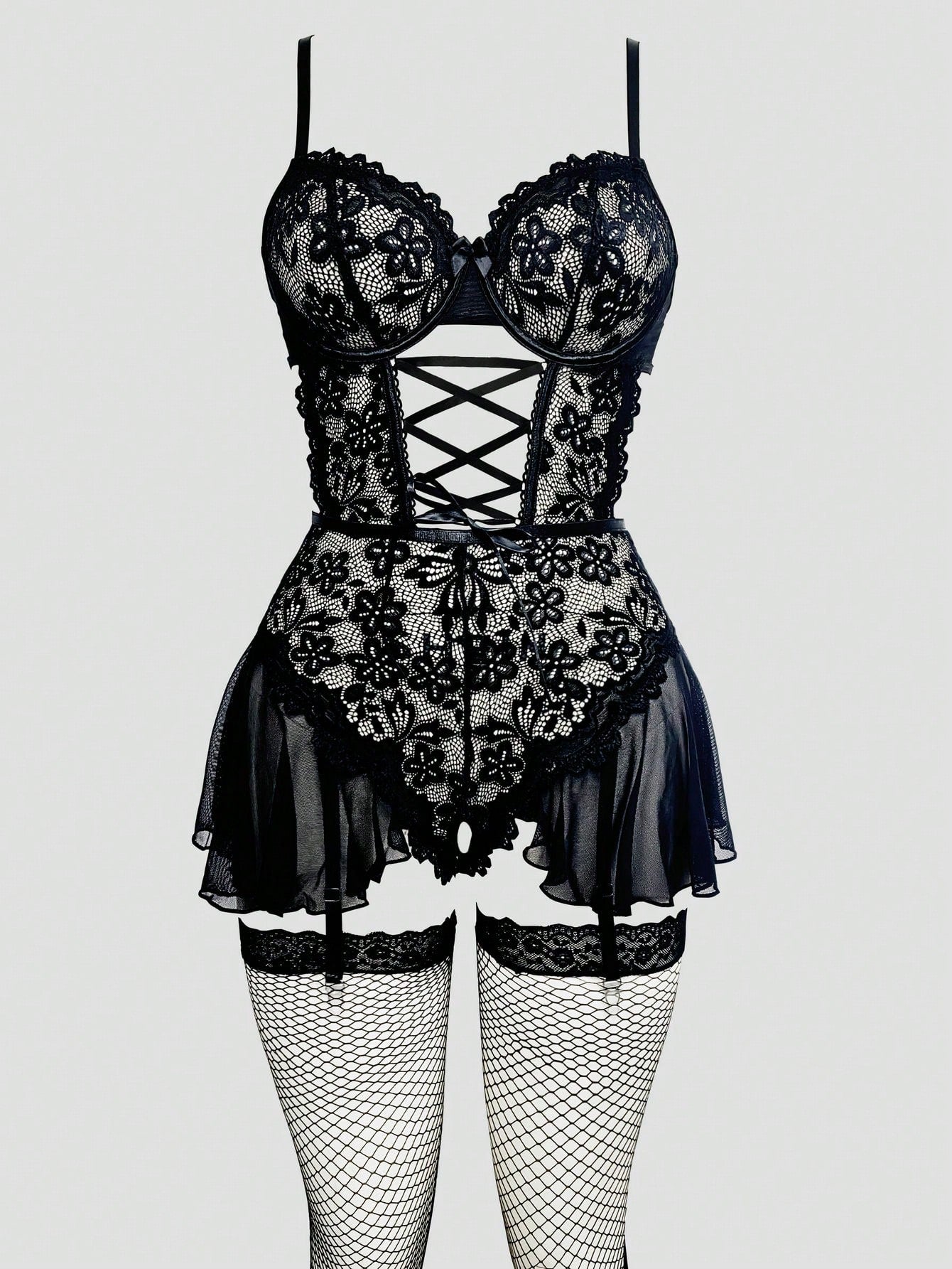 3-Piece Bodystocking Set with Lace Patchwork, Garter Belt and Stockings