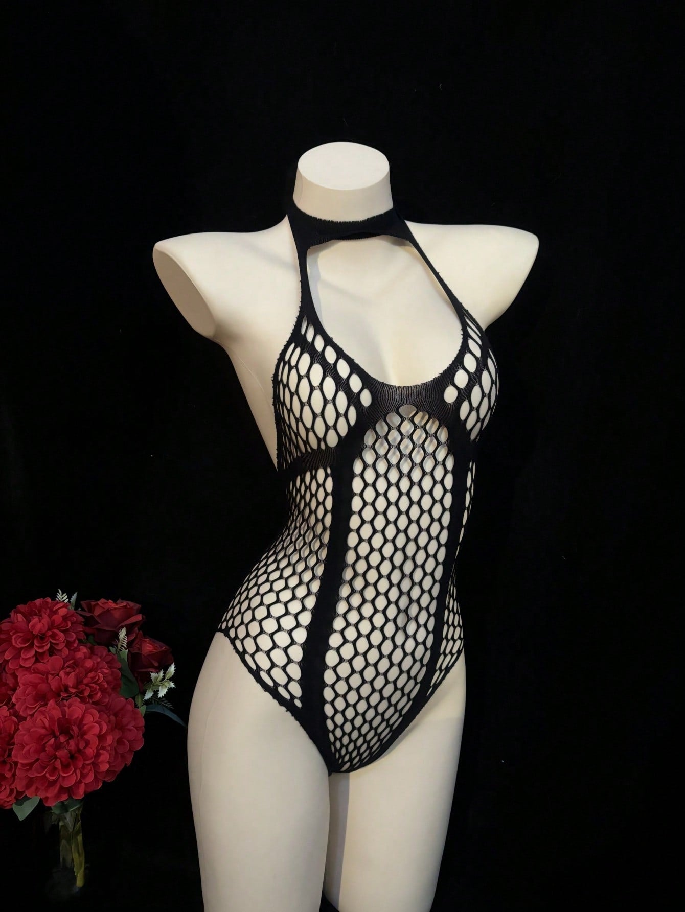 Mesh Fabric Sleeveless Halter Neck Bodysuit Style Piece