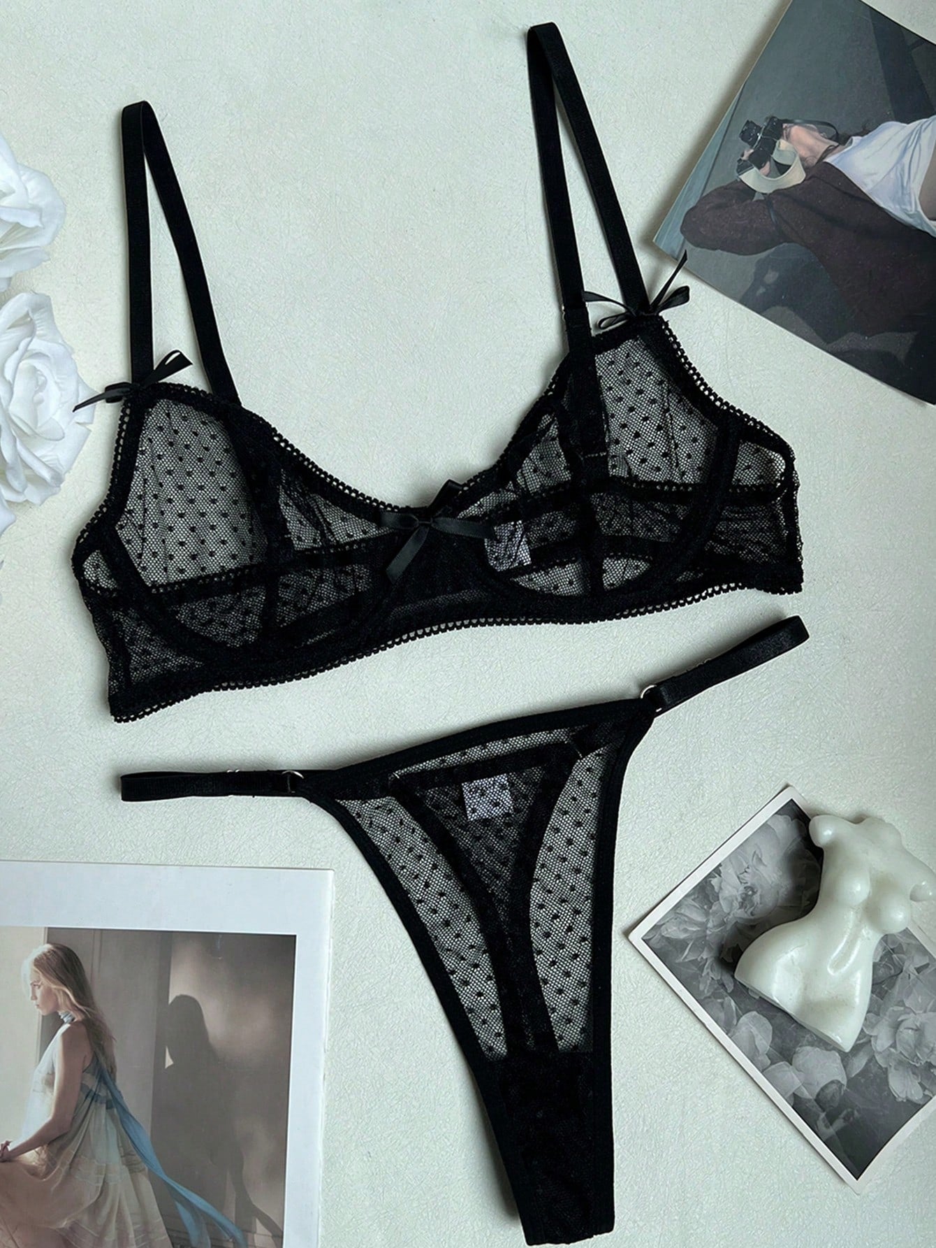 Women Polka Dot Mesh Fabric Bow Detail Matching Set Coordinated Outfit Set