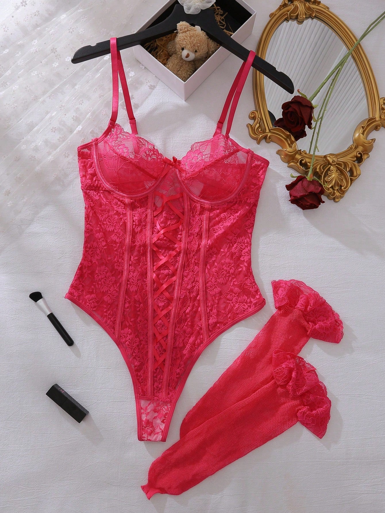 3-Piece Textured Fabric Bodysuit Style Set with Stockings Coordinated Outfit Set