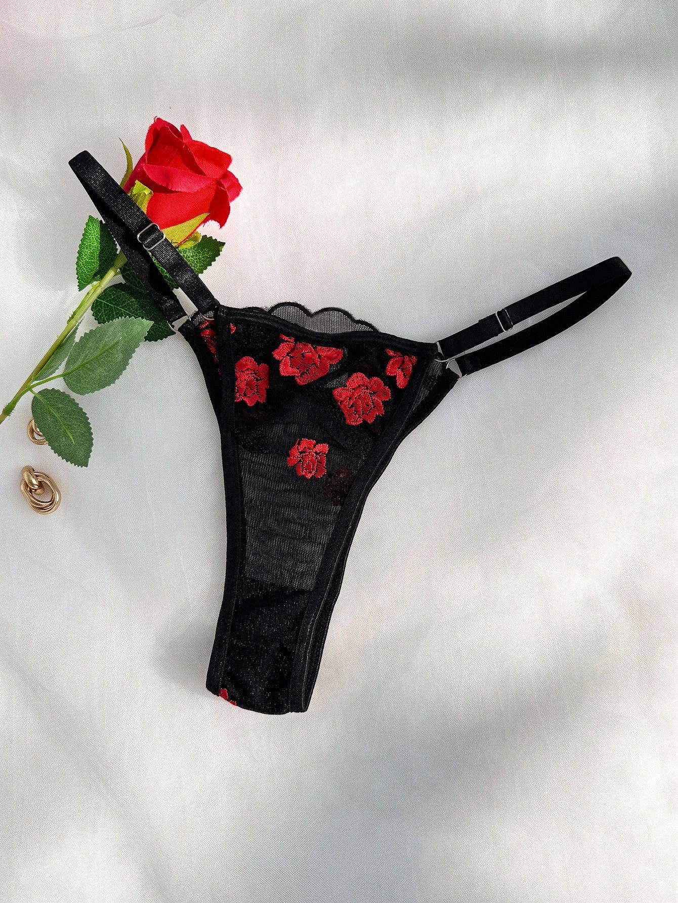 Embroidered Mesh Garter Lingerie Set with Stockings