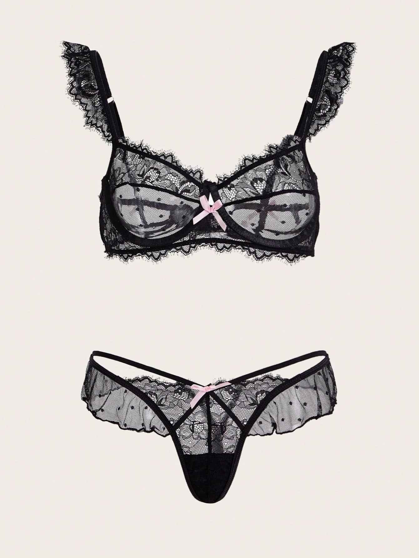 Lace Bra and Thong Set with Ruffle Trim and Bow Detail