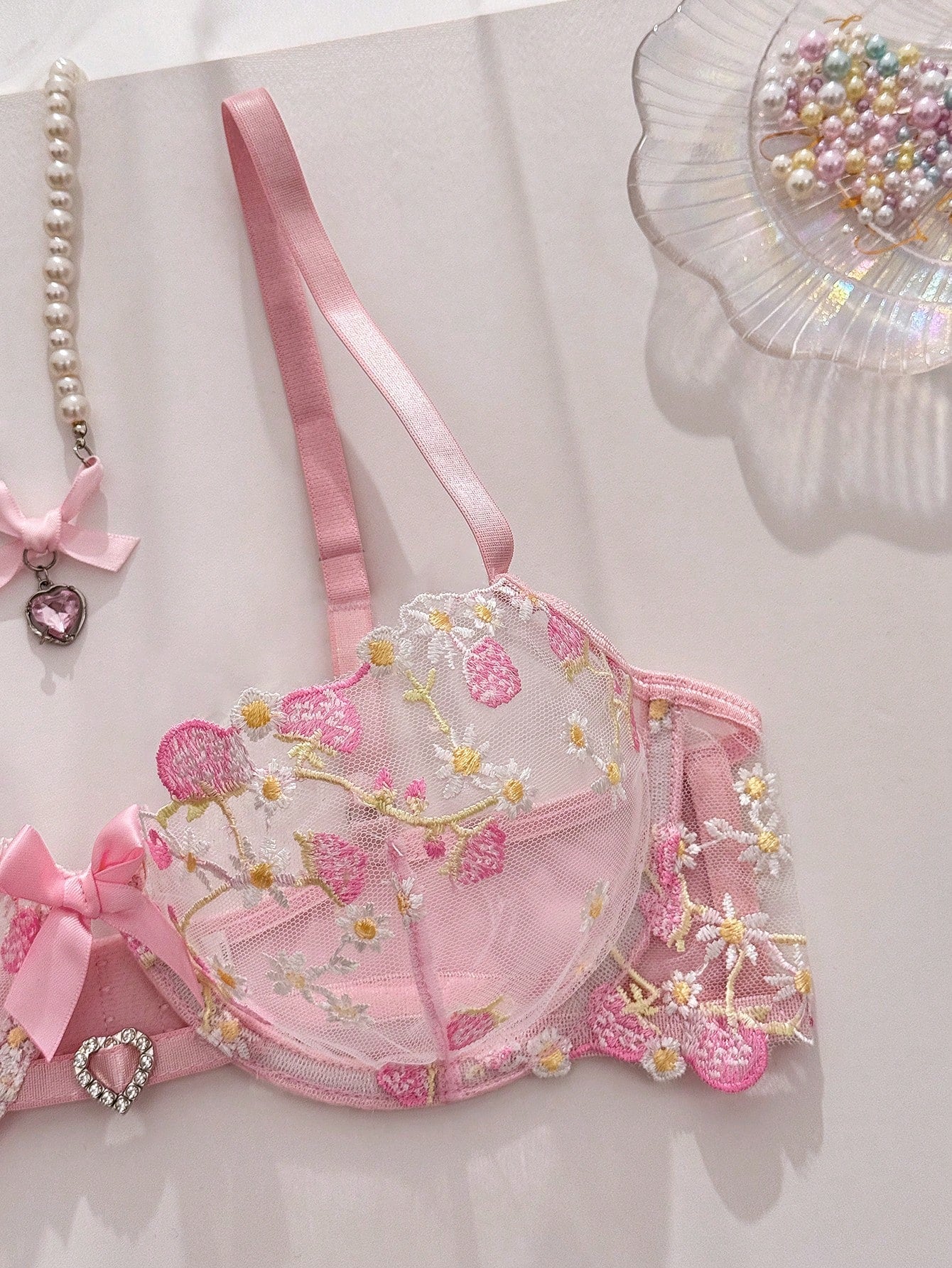 Pink Mesh Fabric Embroidered Set with Heart Detail and Bow Accent Coordinated Outfit Set
