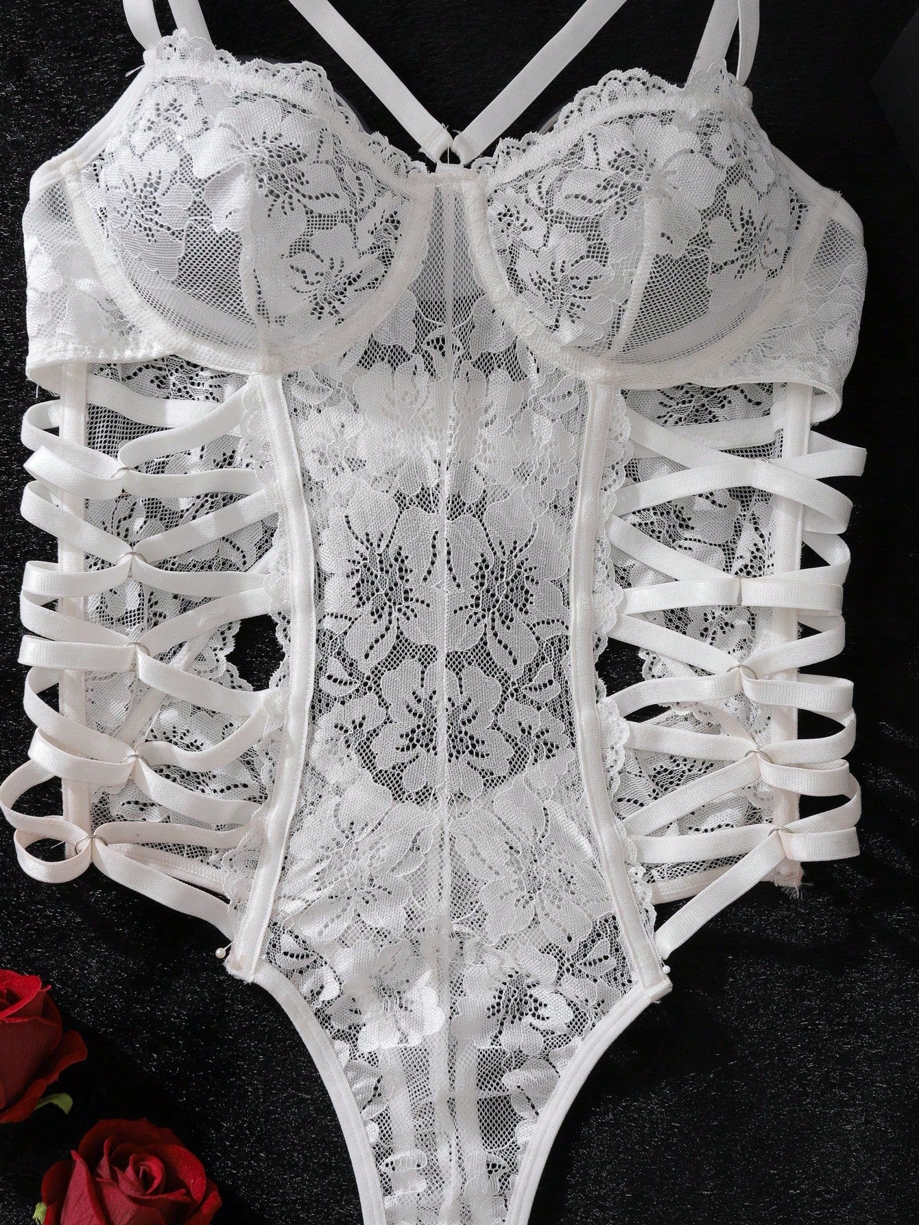 Floral Lace Bodysuit with Criss-Cross Back Design and Seam Detail