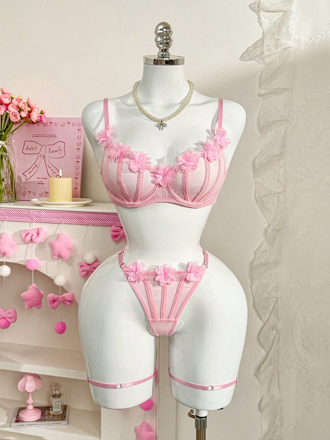 4-Piece Lace Lingerie Set with Camisole and Garter Belts