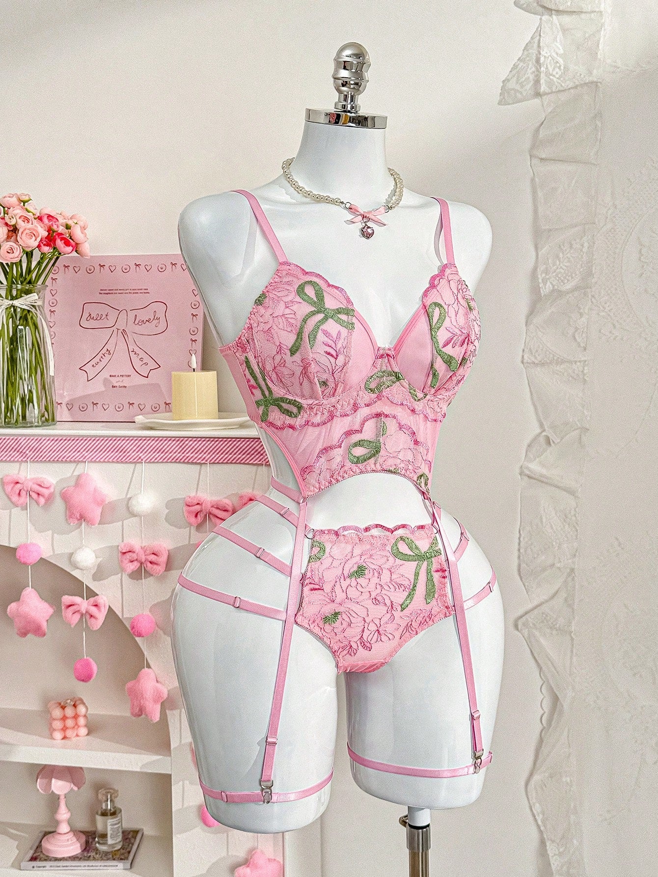 4-Piece Embroidered Lace Lingerie Set