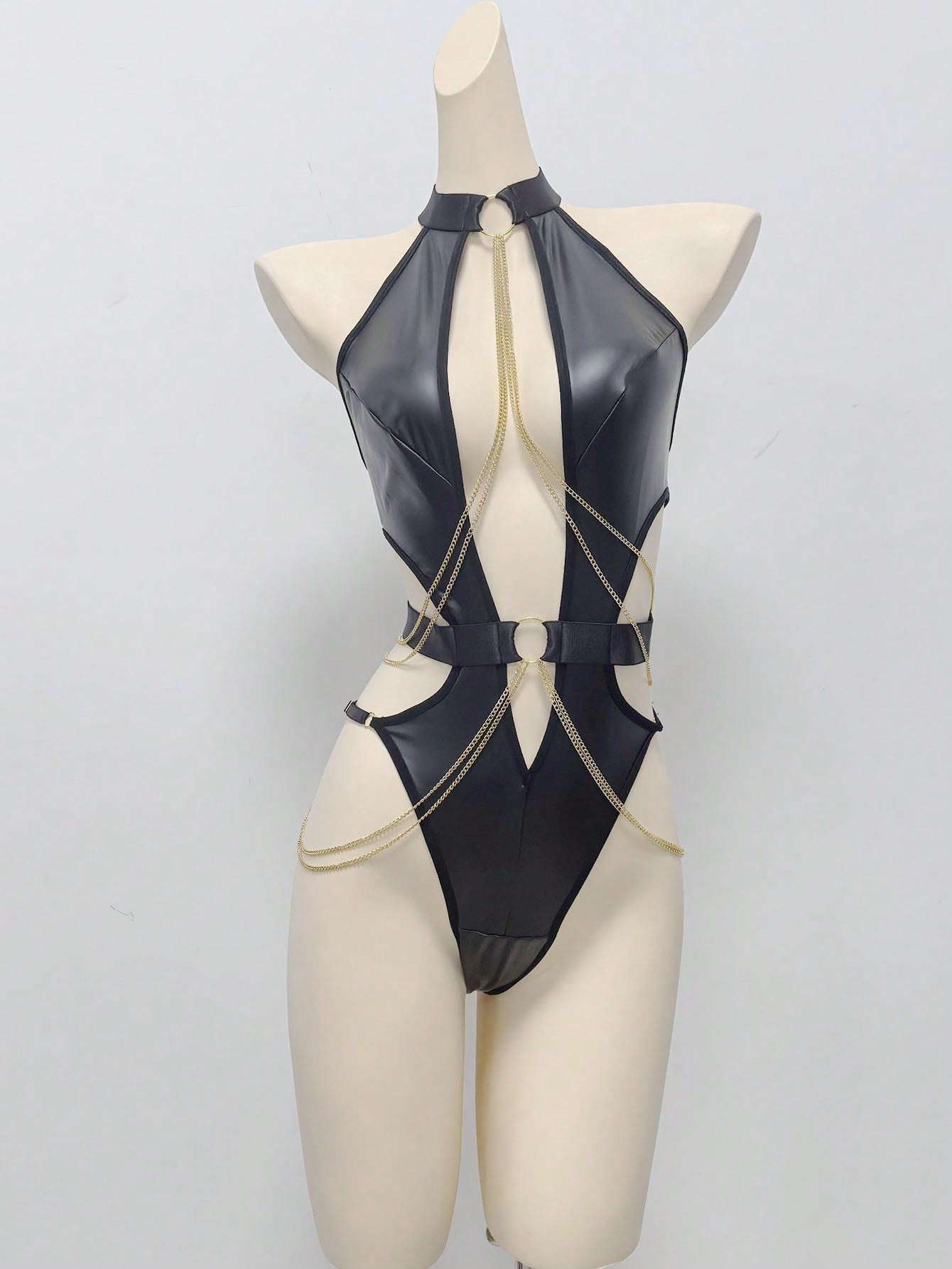 Synthetic Leather Effect Metallic Chain Detail Bodysuit Style Outfit Coordinated Set