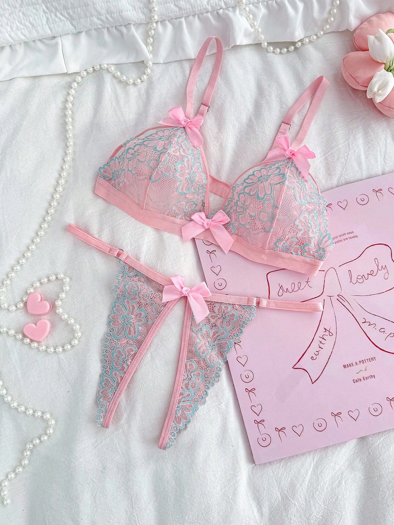 Sheer Pink Knit Lingerie Set