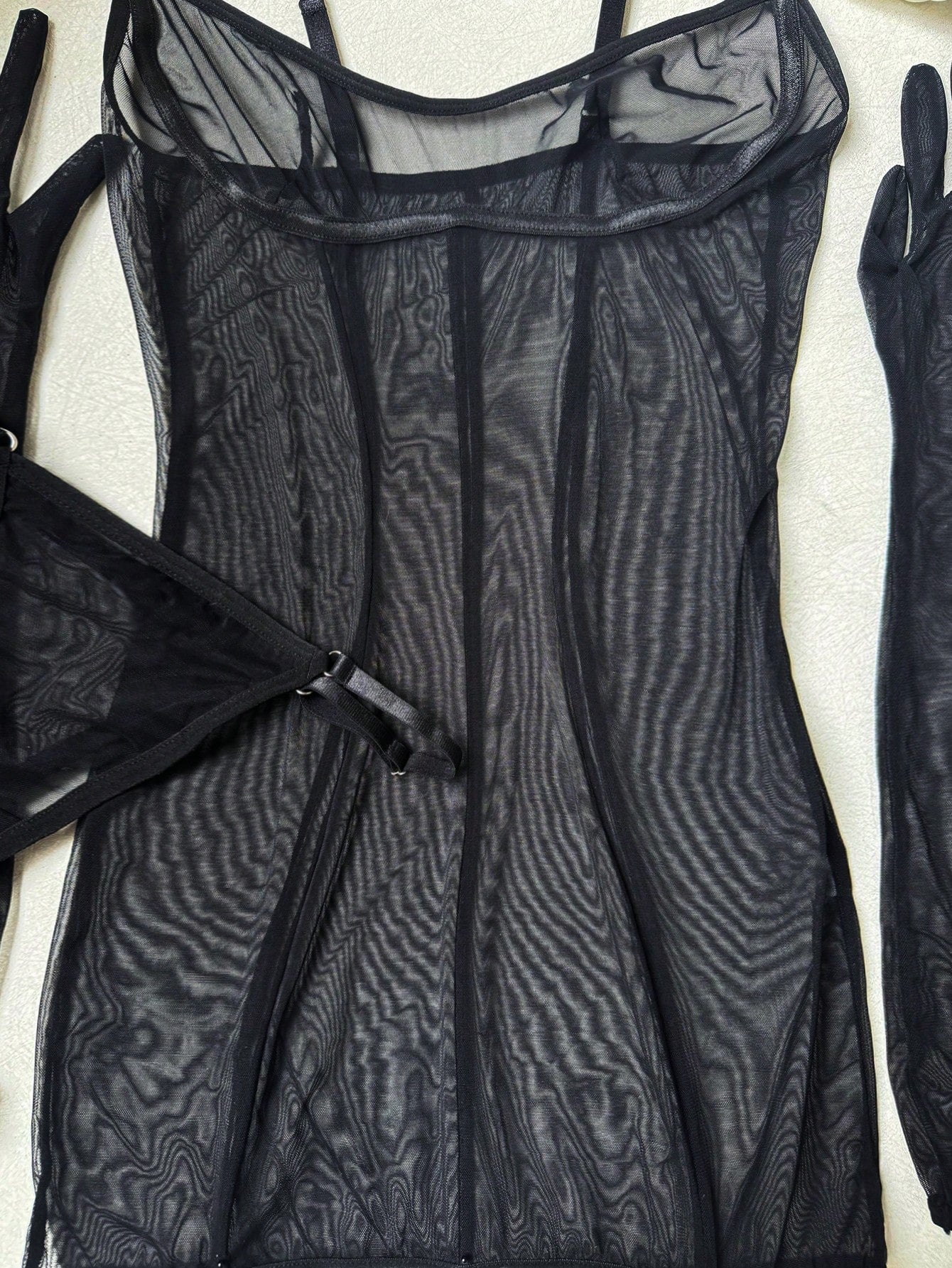 Women Mesh Fabric Matching Set with Belt Accessory and Gloves Coordinated Outfit Set