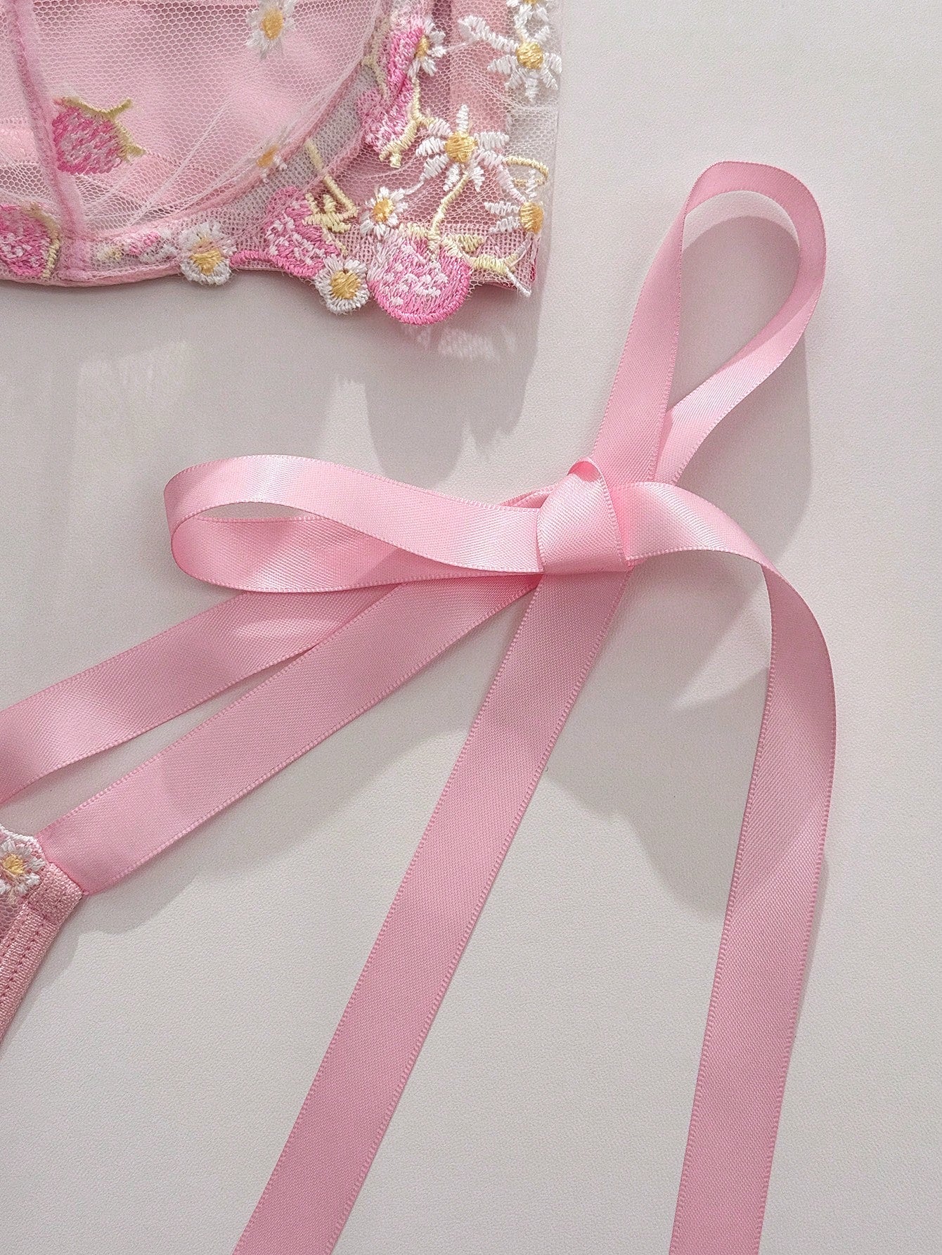Pink Mesh Fabric Embroidered Set with Heart Detail and Bow Accent Coordinated Outfit Set