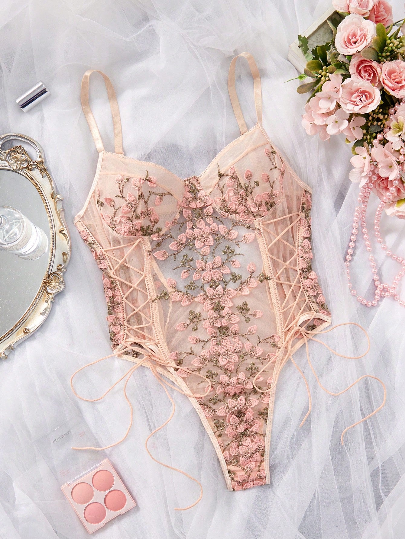 Embroidered Mesh Teddy Bodysuit with Lace-Up Detail