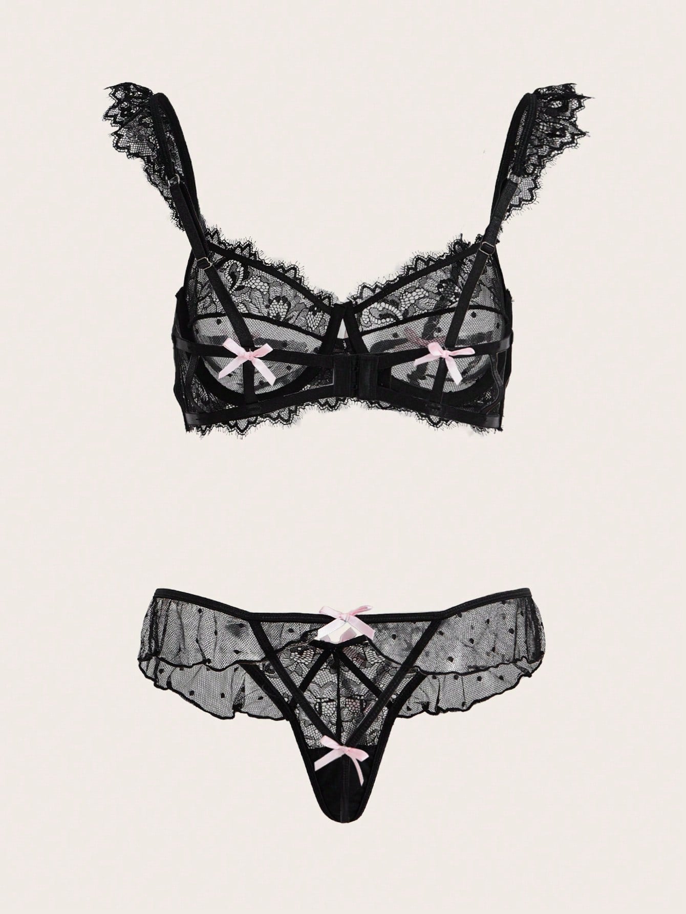 Lace Bra and Thong Set with Ruffle Trim and Bow Detail