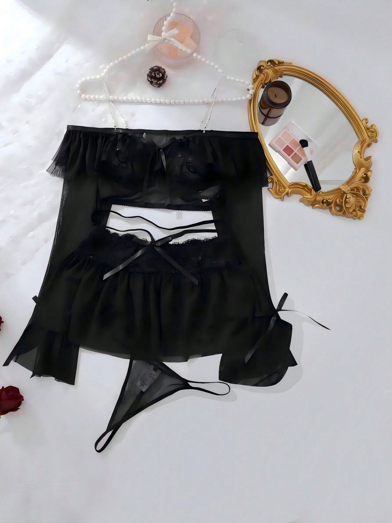 Mesh Fabric Set with Ruffle Trim Detail Coordinated Outfit Set