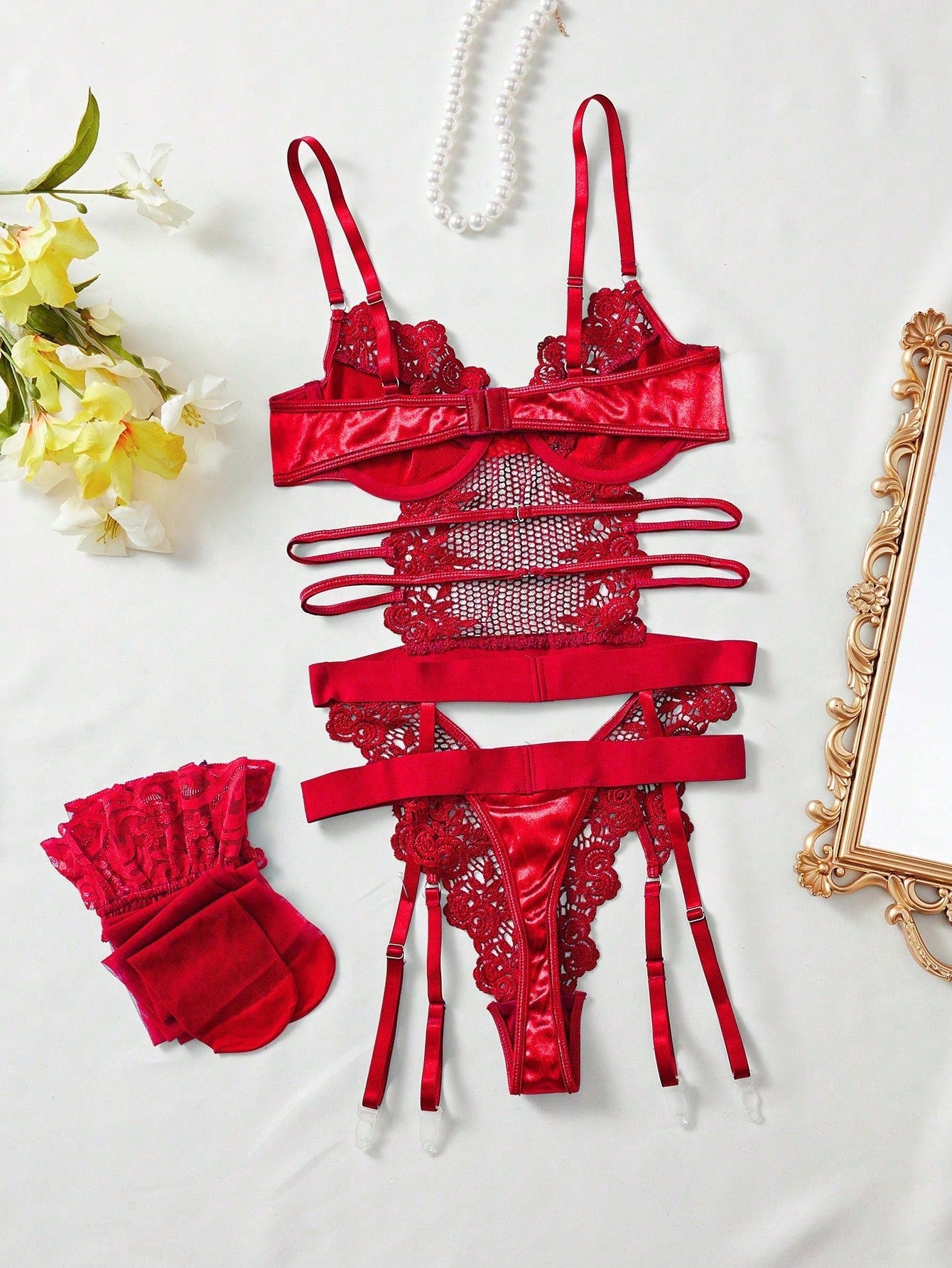 Mesh Fabric Bustier Style Set with Structured Top and Matching Stockings Coordinated Outfit Set