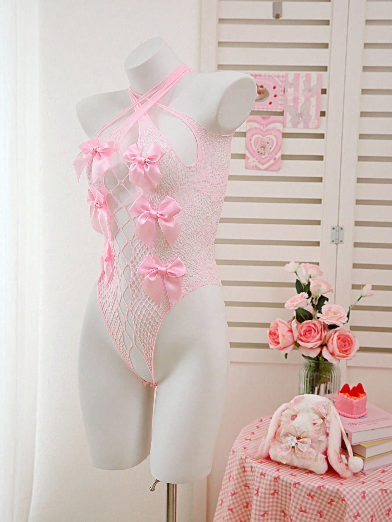 Magenta Color Stretch Fabric Halter Neck Romper with Bow and Cross Strap Detail Coordinated Outfit Set