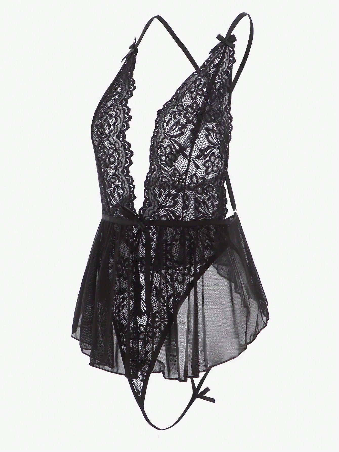 Crisscross Back Slip Dress with Lace and Mesh Detail