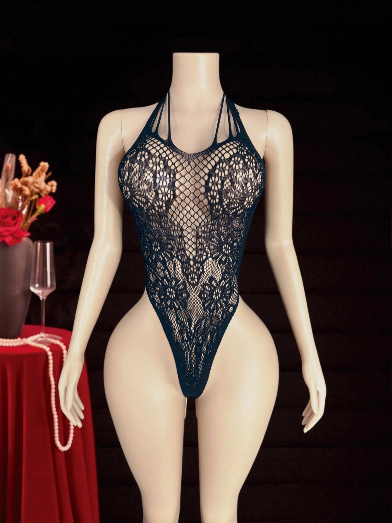 Women Mesh Fabric Halter Neck One-Piece Outfit Coordinated Set