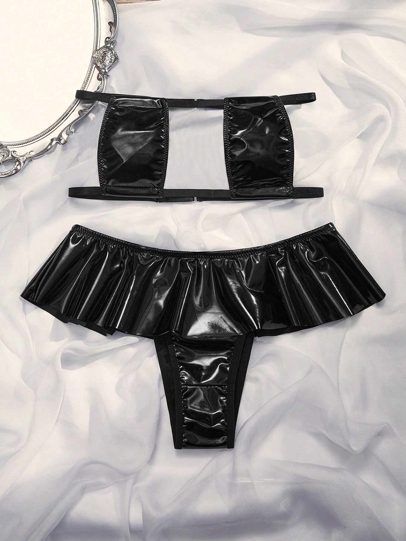 PU Leather Lingerie Set with Ruffle Detail and Structured Design