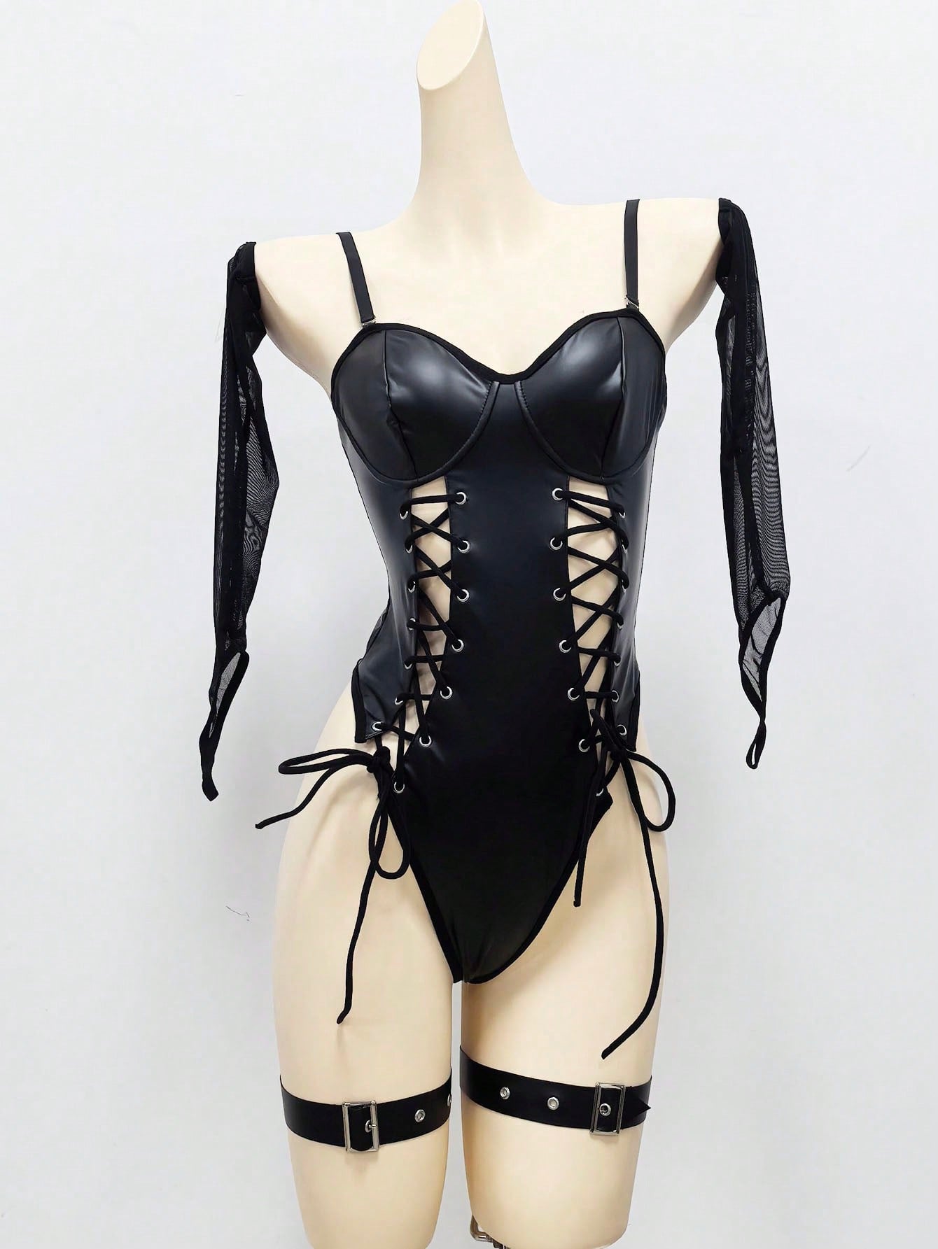 5-Piece Patent Grommet Front Tie Mesh Fabric Bodysuit Set with Matching Accessories Dark Coffee and Black Color Block Design Multi Layer Outfit Set